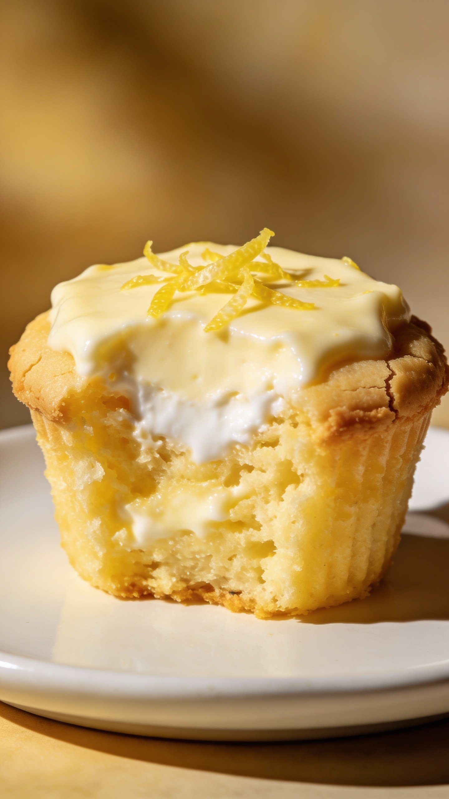 closeup keto lemon cheesecake muffin on white ceramic plate