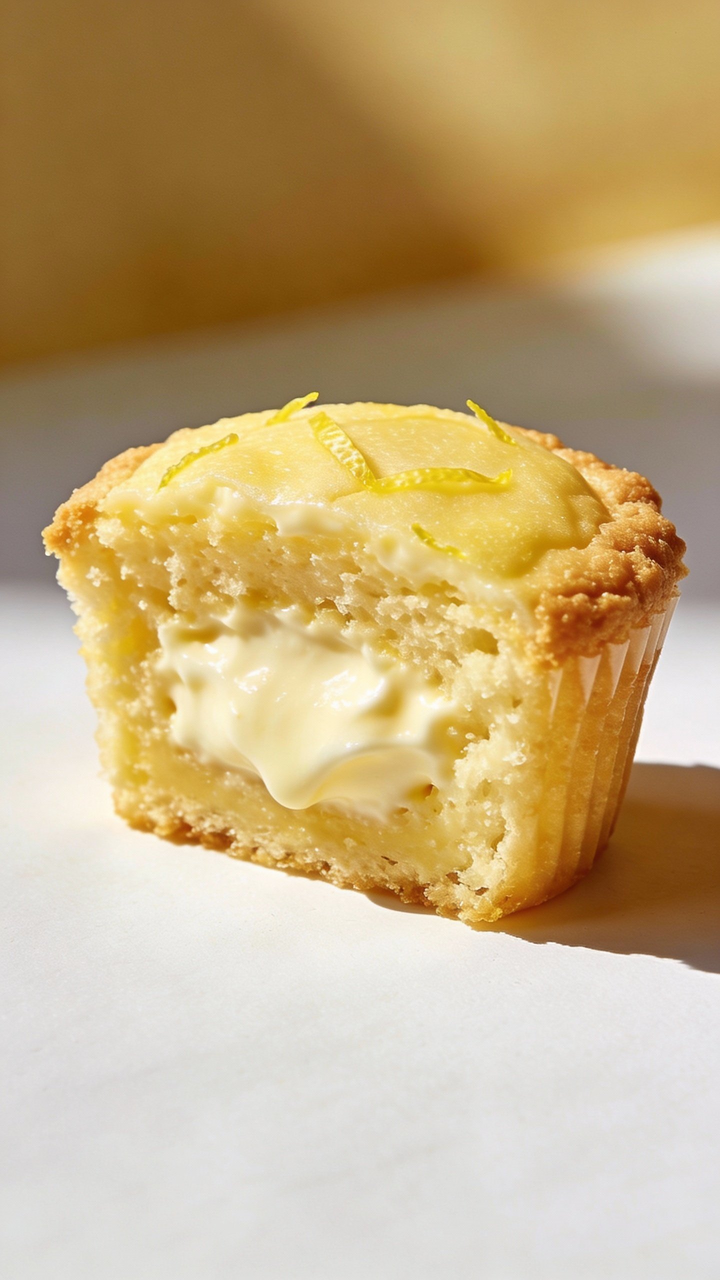 single sliced lemon cheesecake muffin with creamy interior