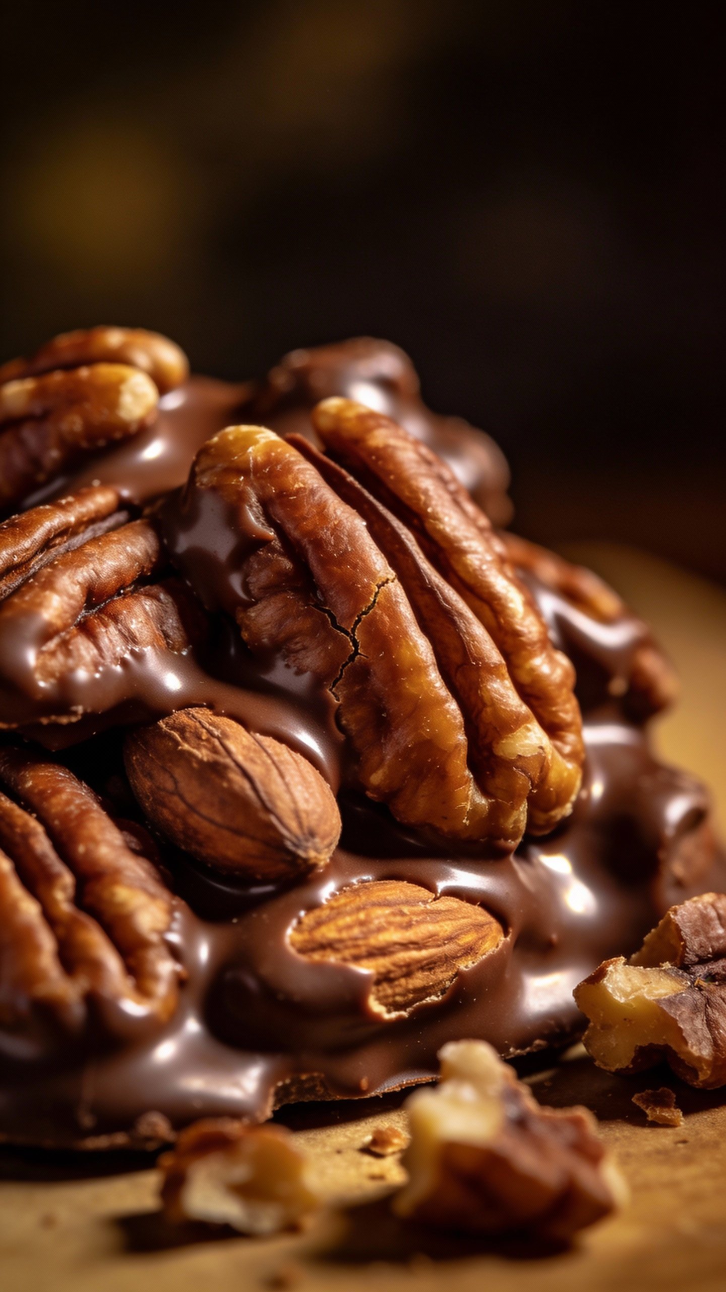 macro shot of glossy chocolate-coated pecan cluster