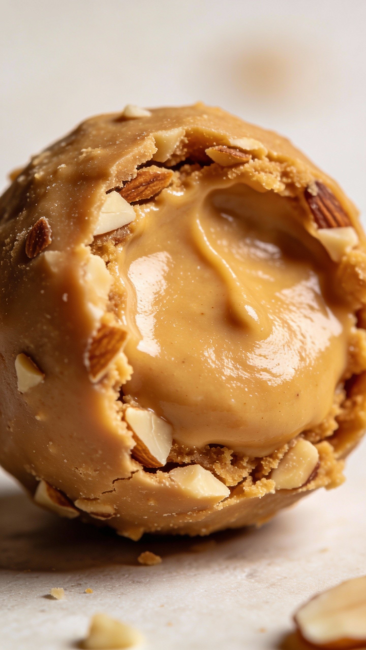 single cut-open almond butter truffle showing creamy keto center