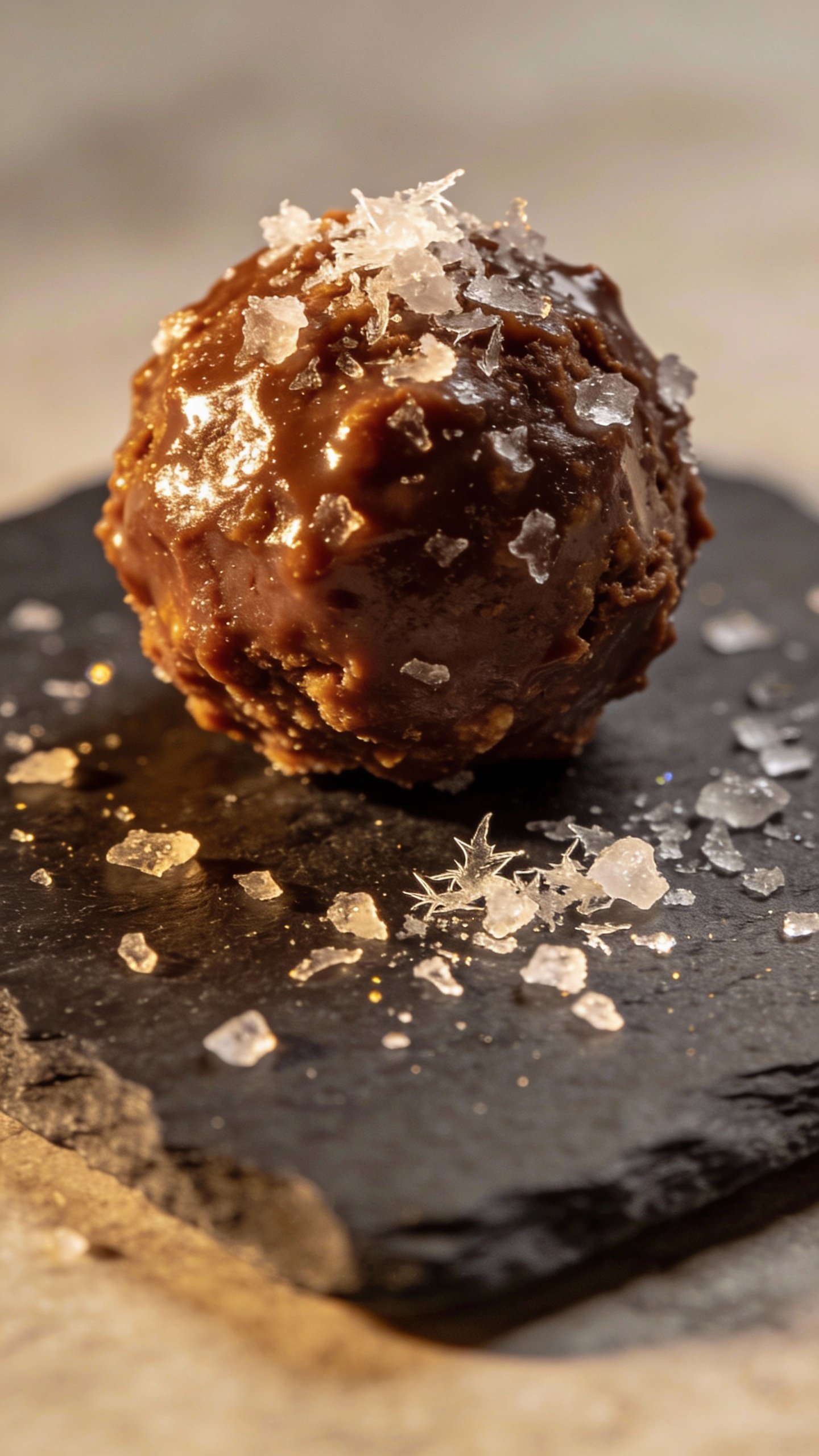 keto truffle topped with flaky sea salt on matte slate plate