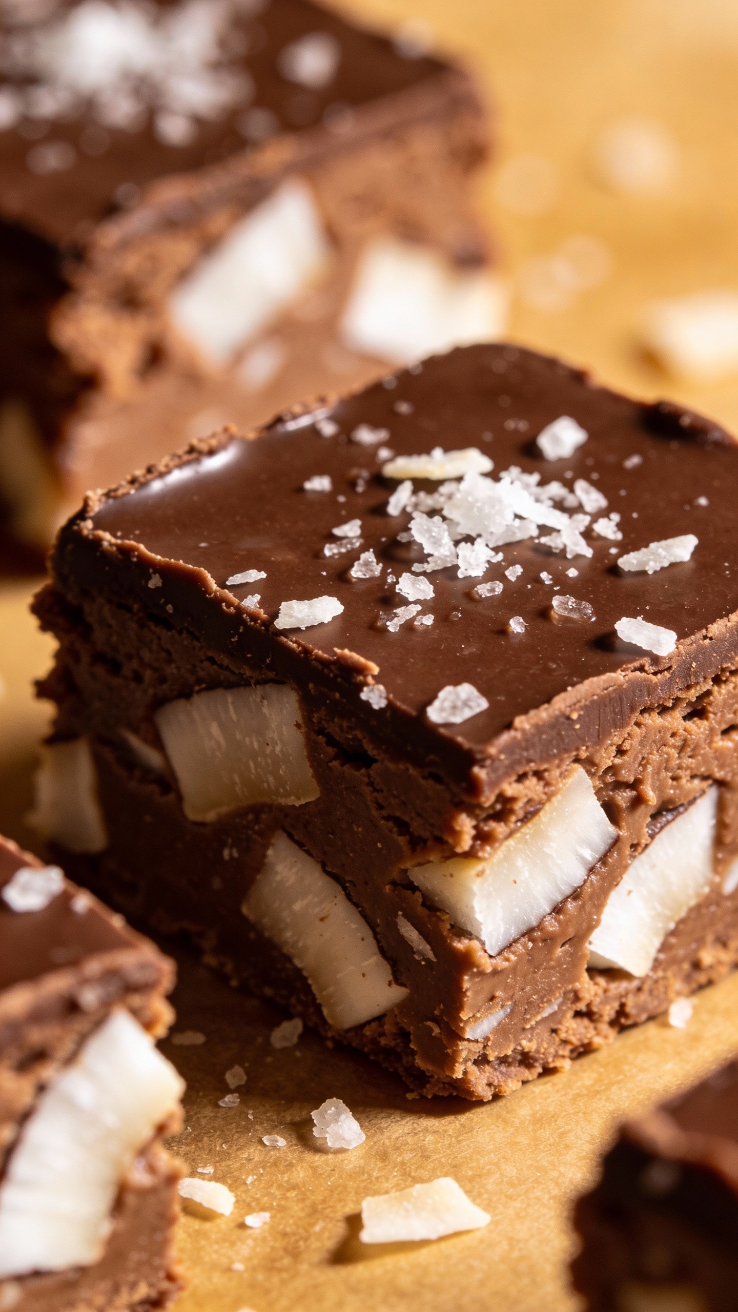 closeup keto chocolate coconut fudge bar with flaky sea salt