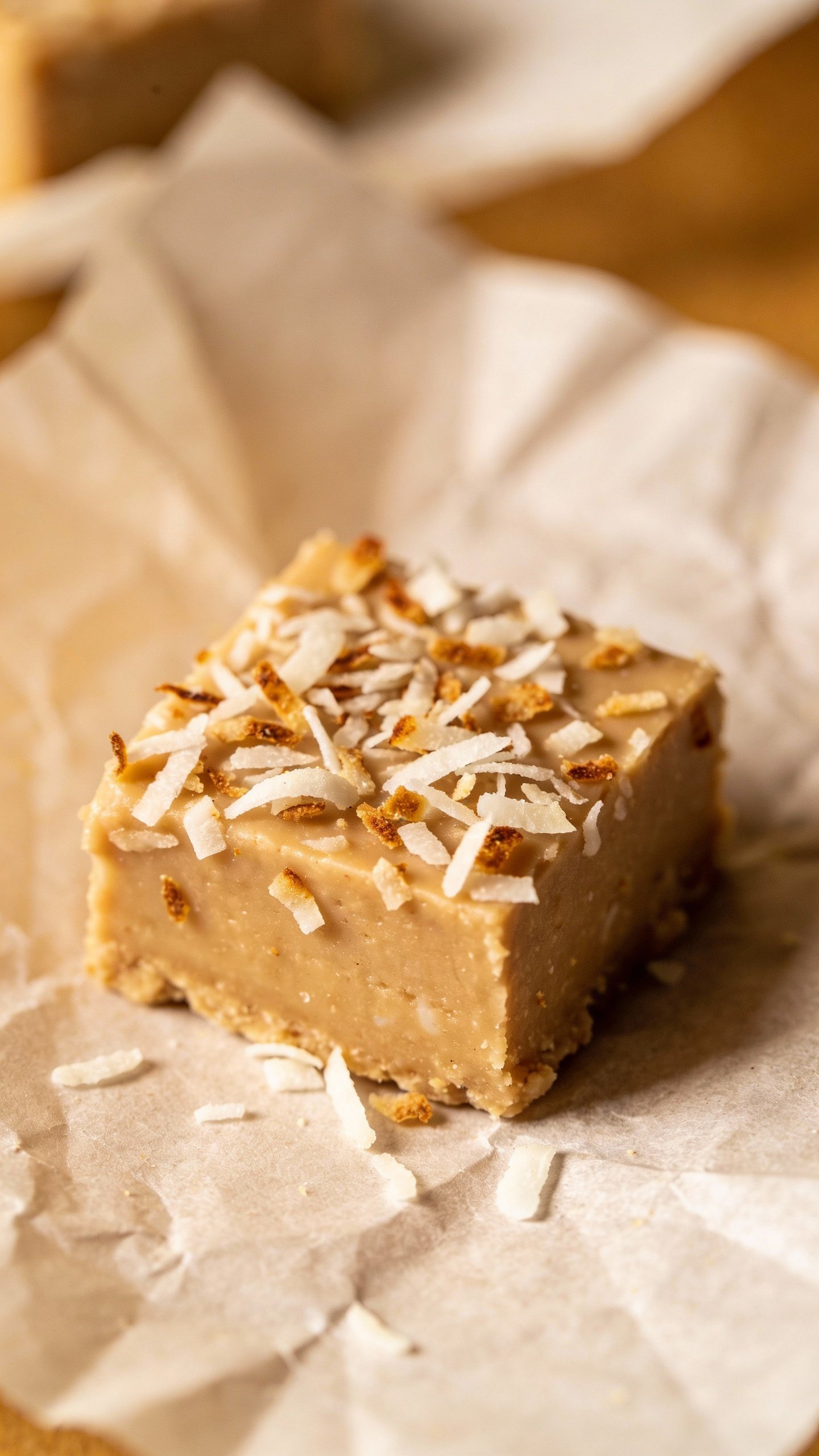 single keto fudge bar on parchment, toasted coconut topping
