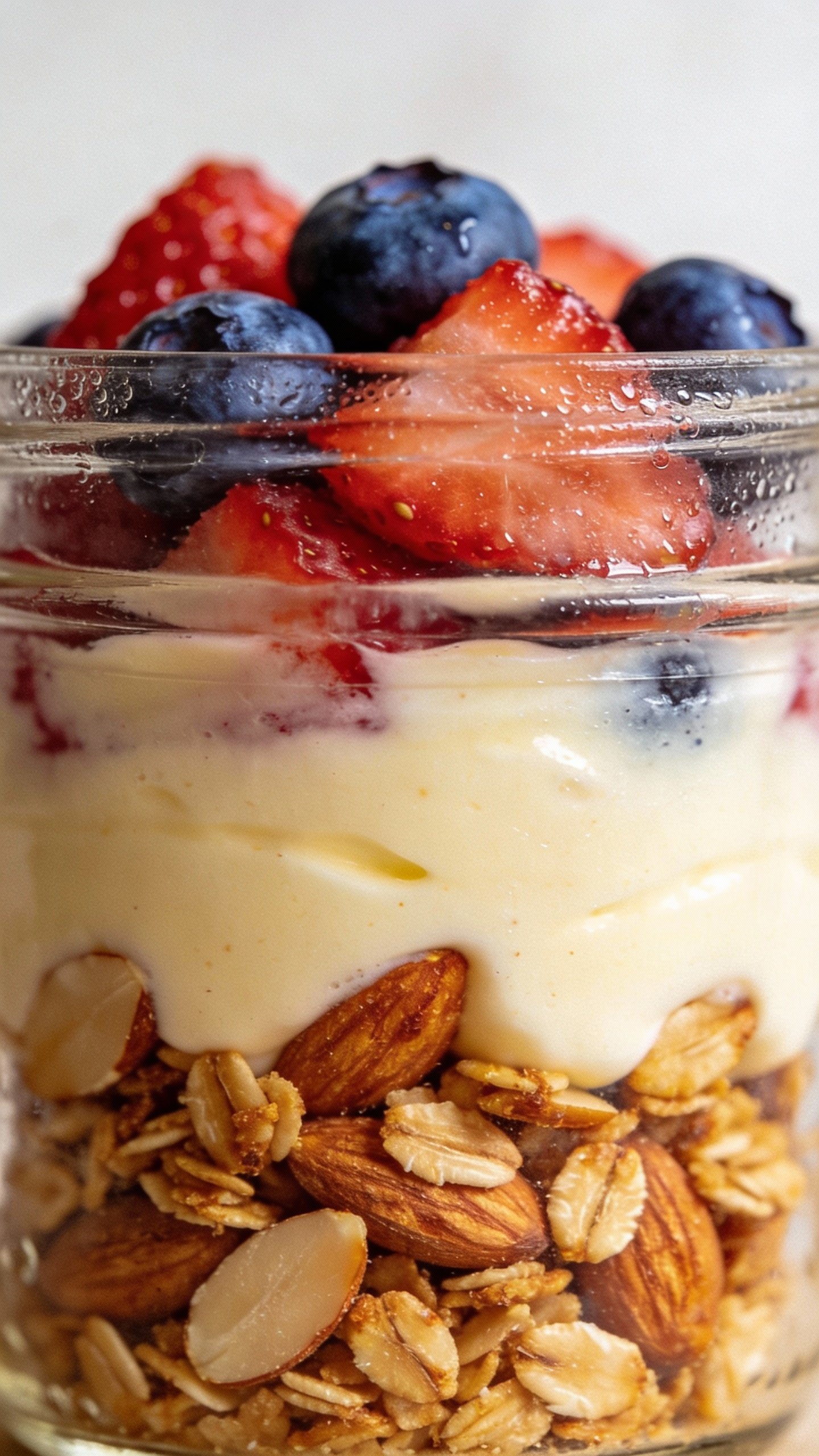 closeup keto vanilla berry dessert jar with crunchy almond layer