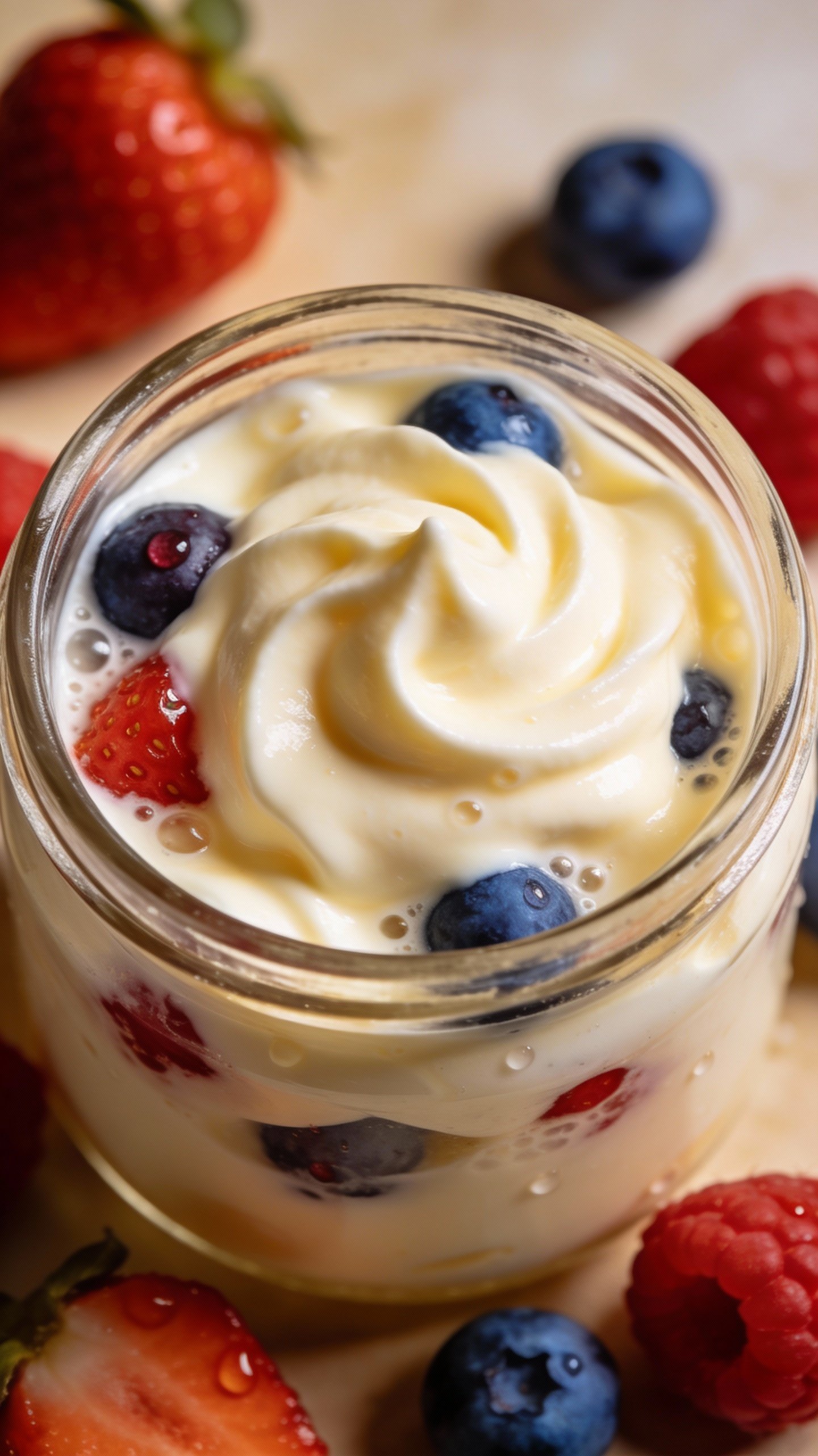 macro shot of vanilla cream swirl in glass jar, mixed berries