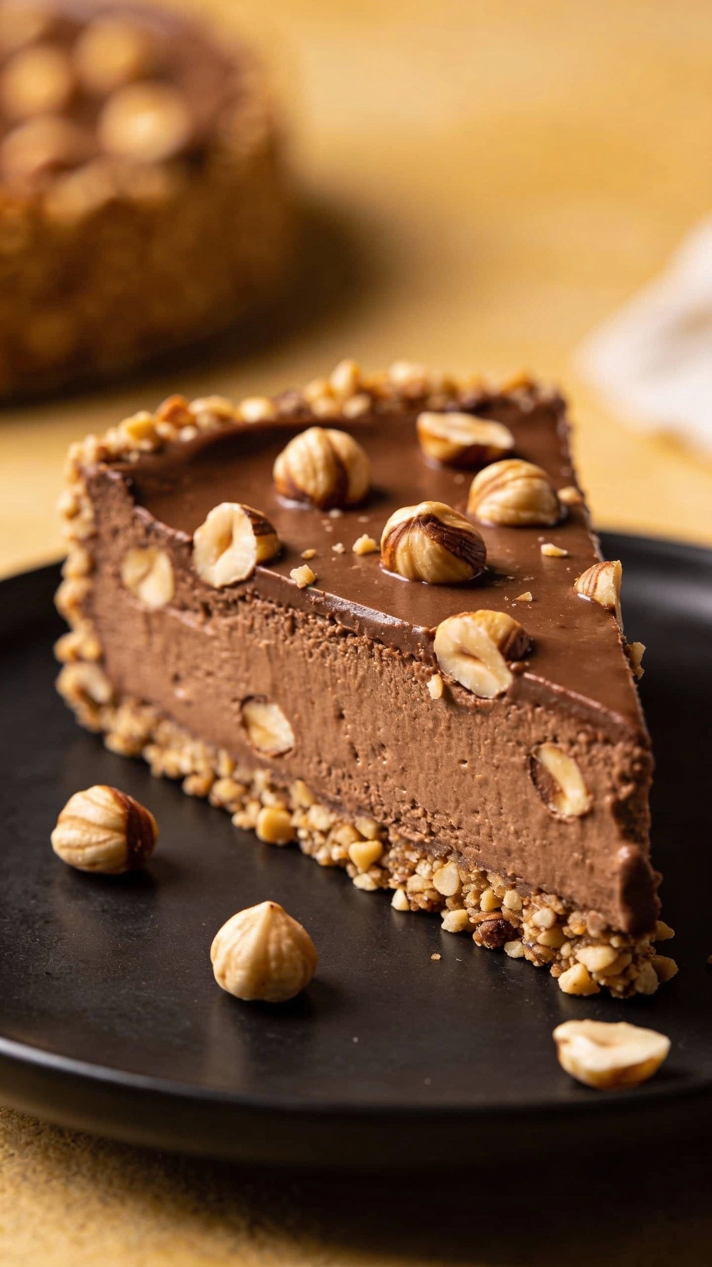 closeup keto chocolate hazelnut cheesecake slice on matte black plate