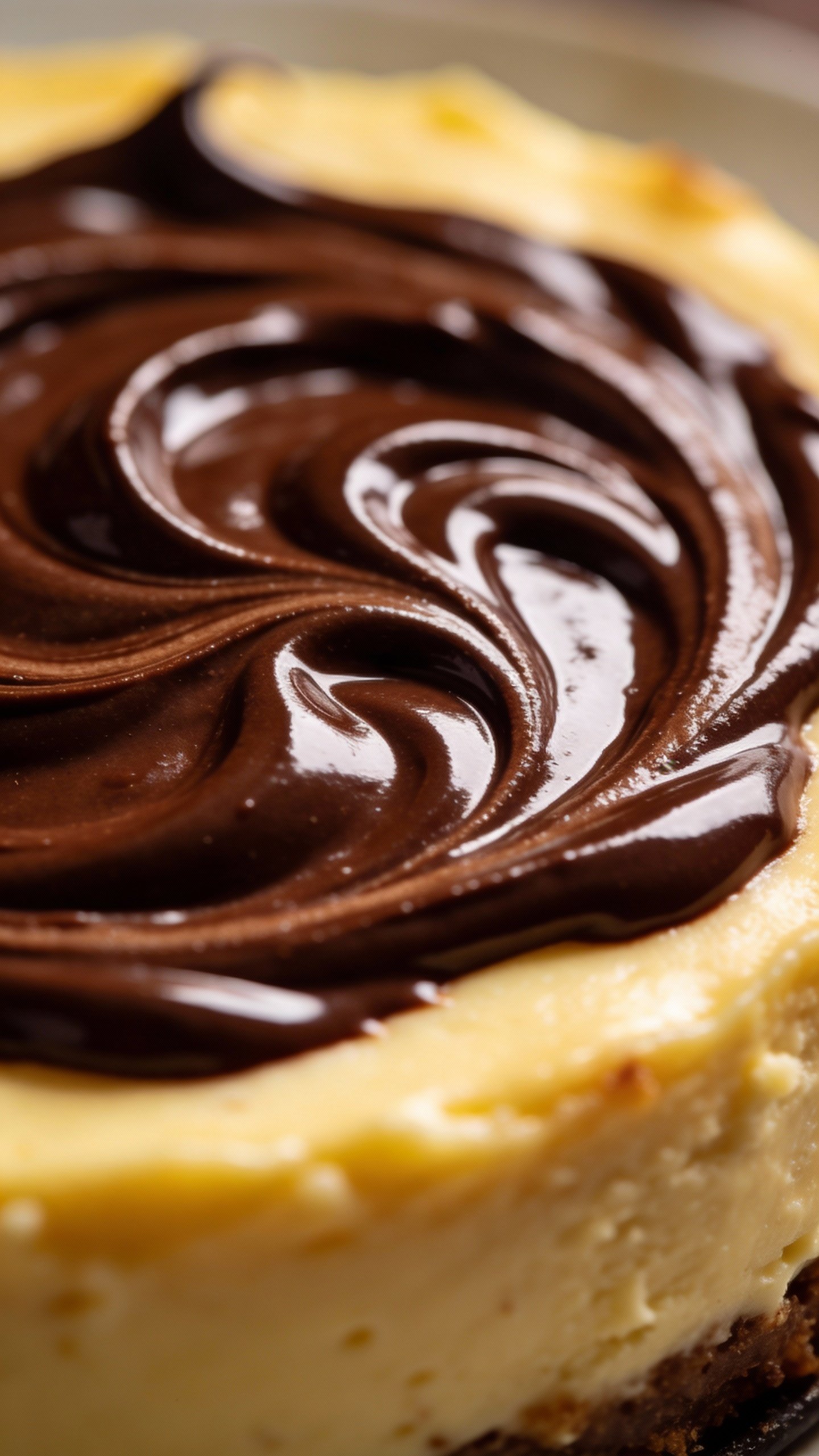 glossy low-carb chocolate ganache swirl atop cheesecake, tight macro