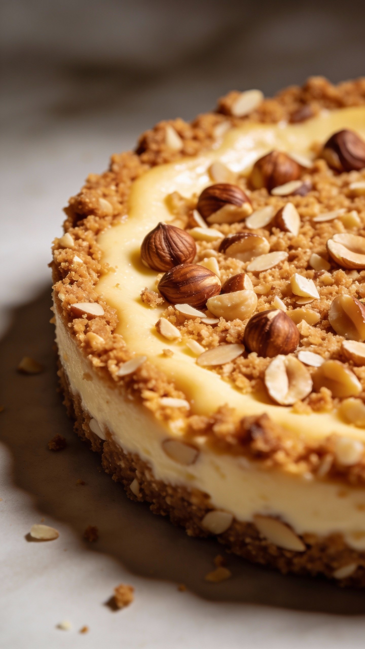 single hazelnut-almond crust base of keto cheesecake, studio light