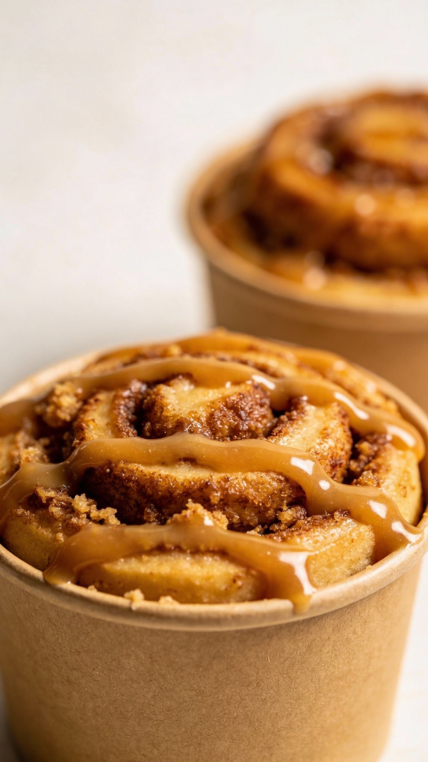 closeup keto cinnamon roll dessert cup with icing drizzle