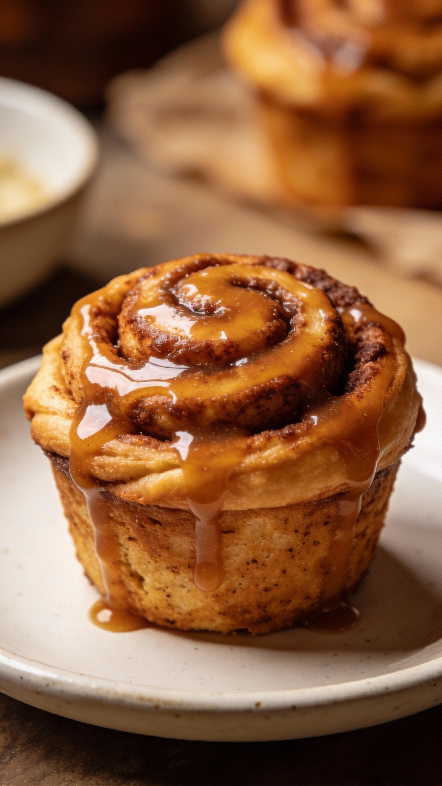 single keto cinnamon roll cup on white ceramic plate