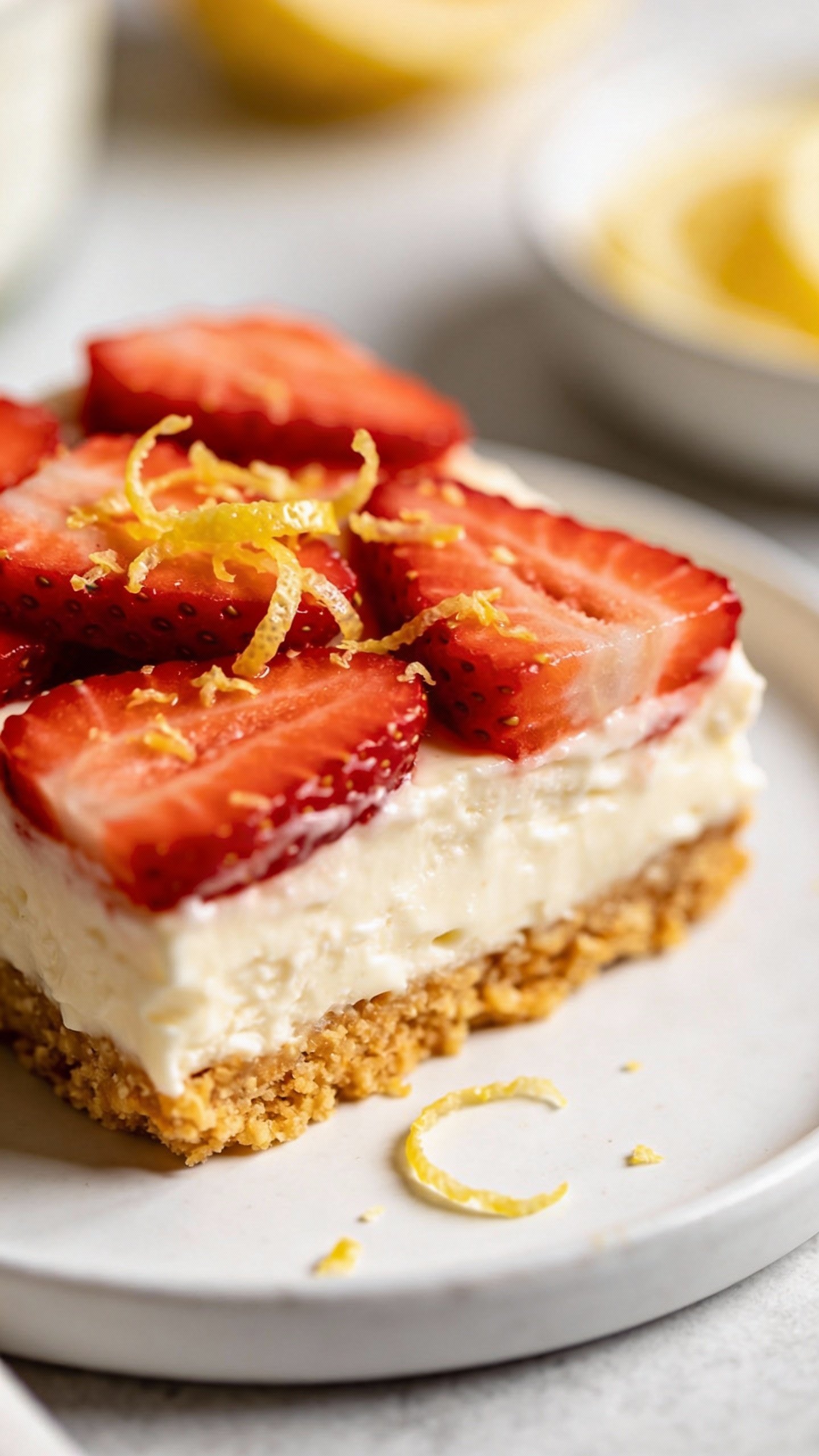 closeup keto strawberry lemon cheesecake bar on white plate