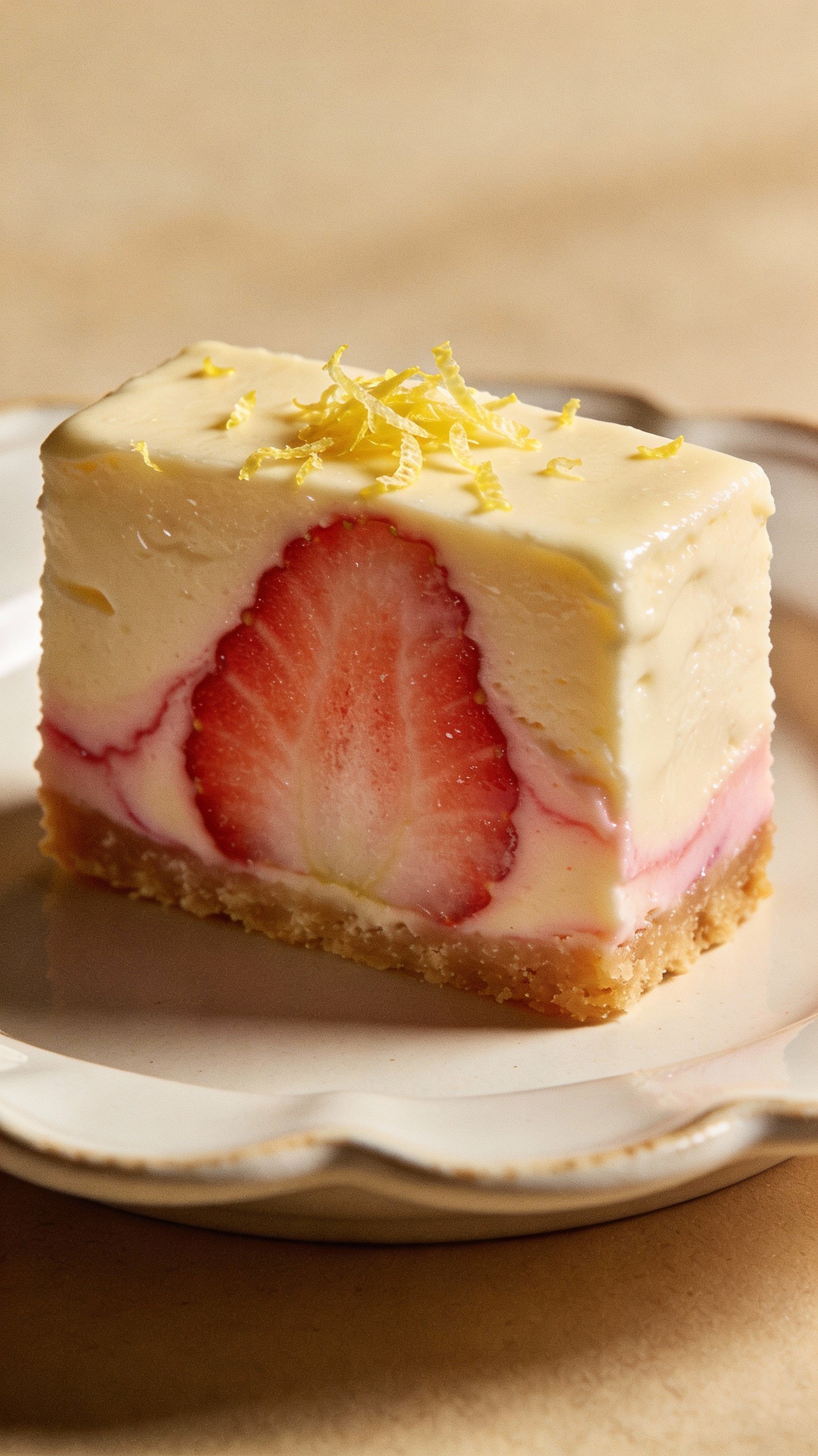 single cheesecake bar with strawberry swirl, lemon zest garnish