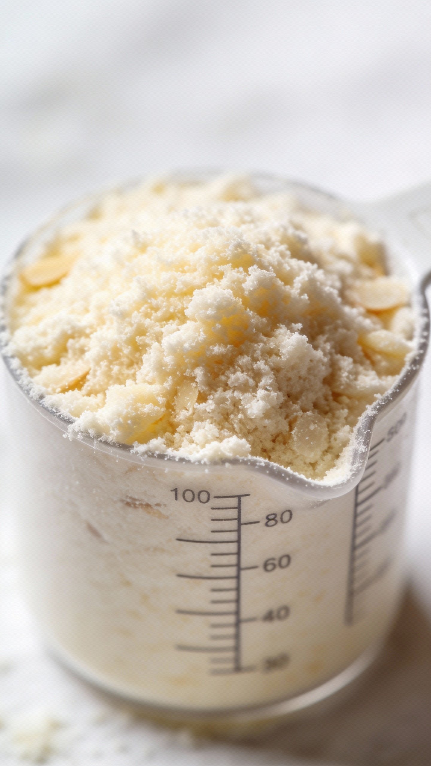 blanched superfine almond flour in measuring cup, macro shot