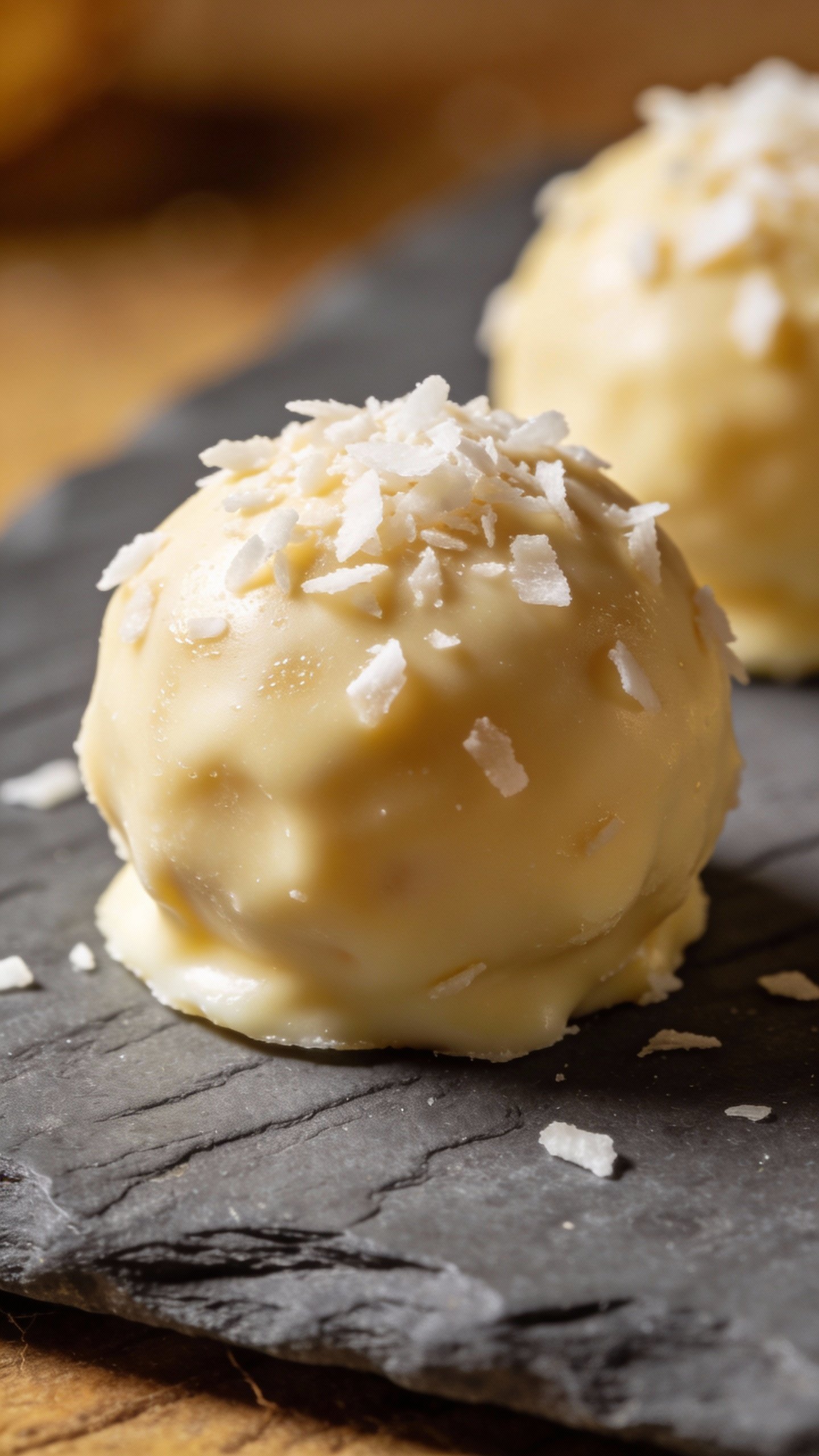 closeup keto coconut cream fat bomb on slate board