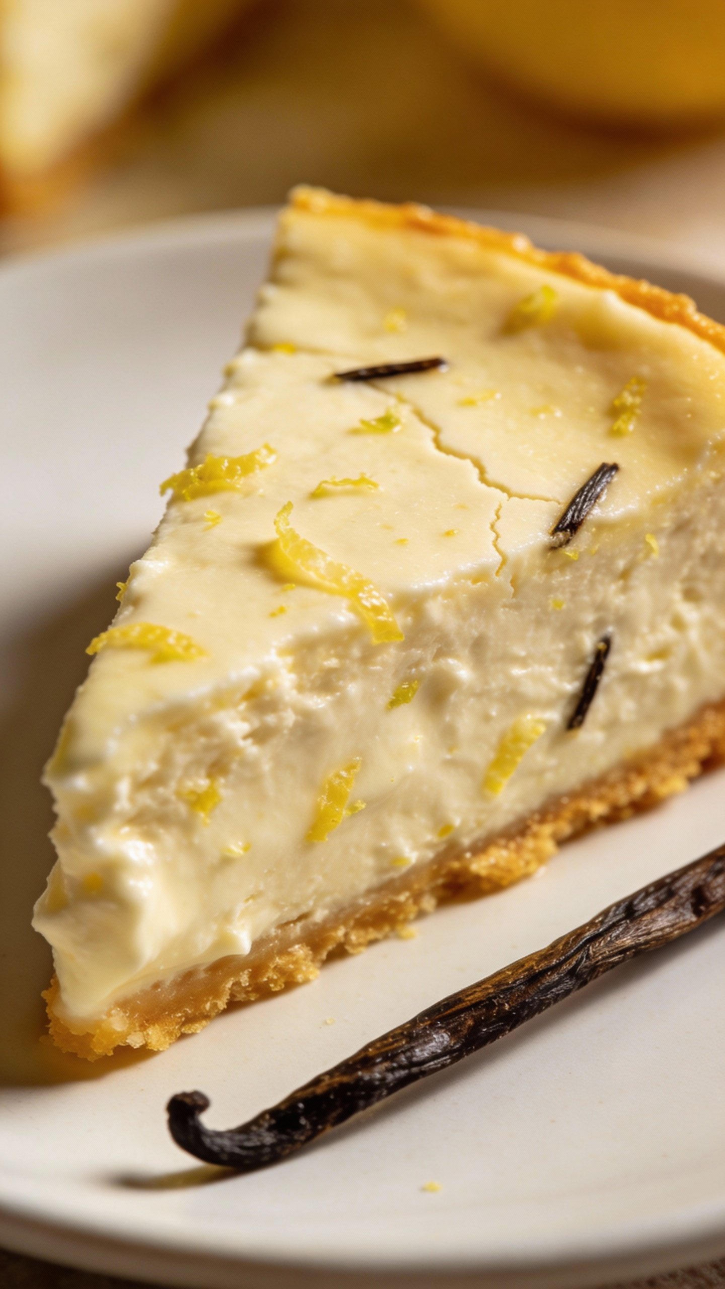 closeup slice of keto lemon vanilla cheesecake on white plate