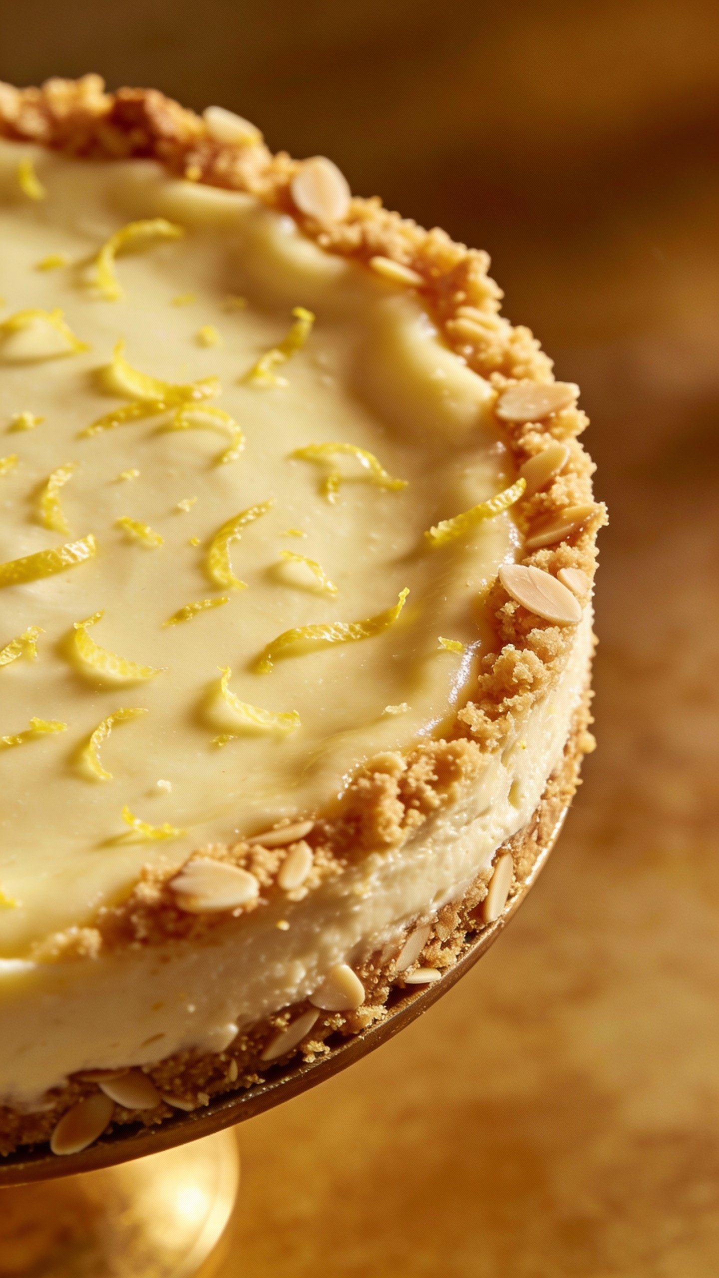 overhead shot of almond flour crust cheesecake, lemon zest garnish