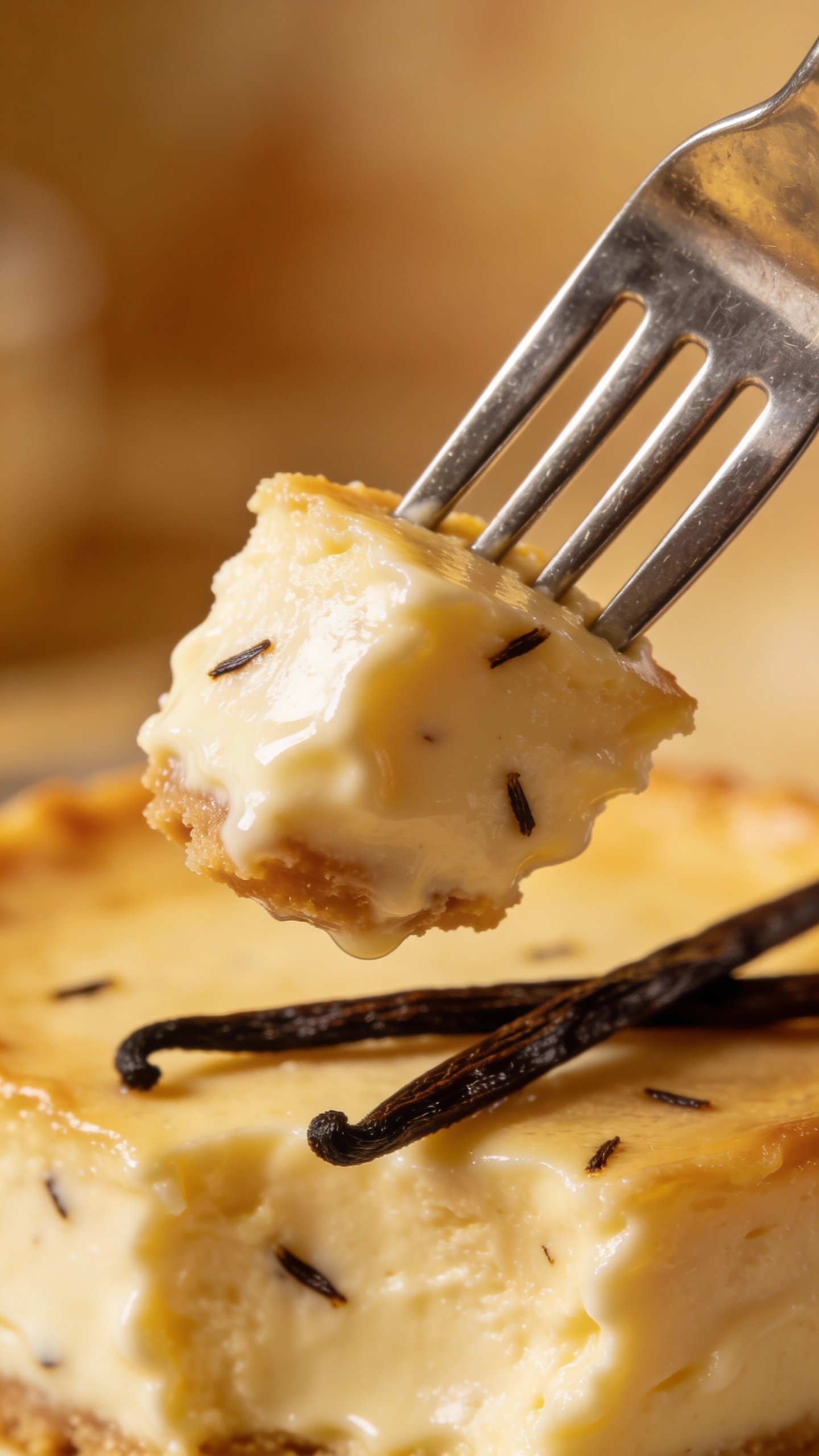 macro of creamy cheesecake bite on fork, vanilla bean specks