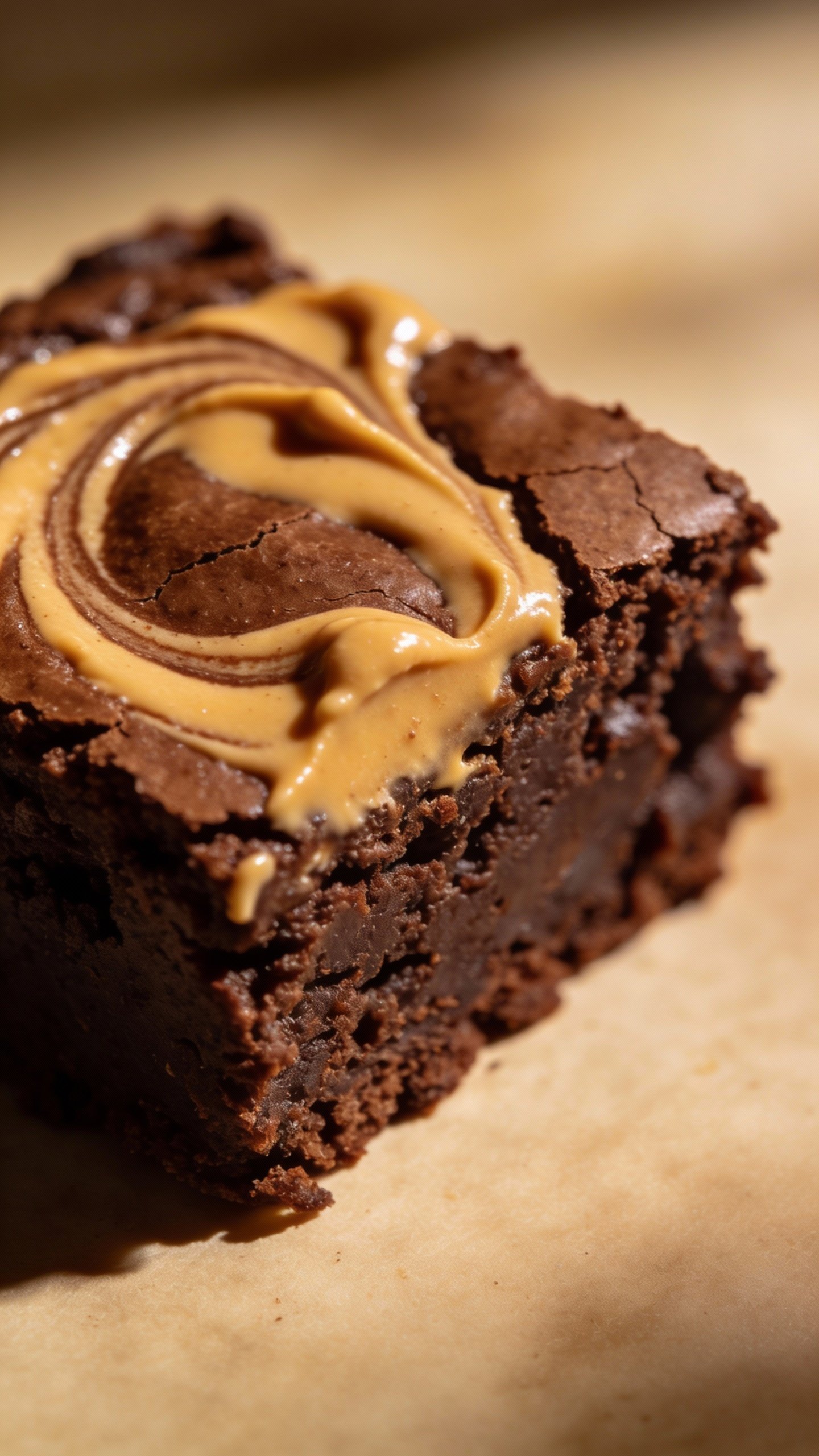 closeup of fudgy keto brownie slice with peanut butter swirl