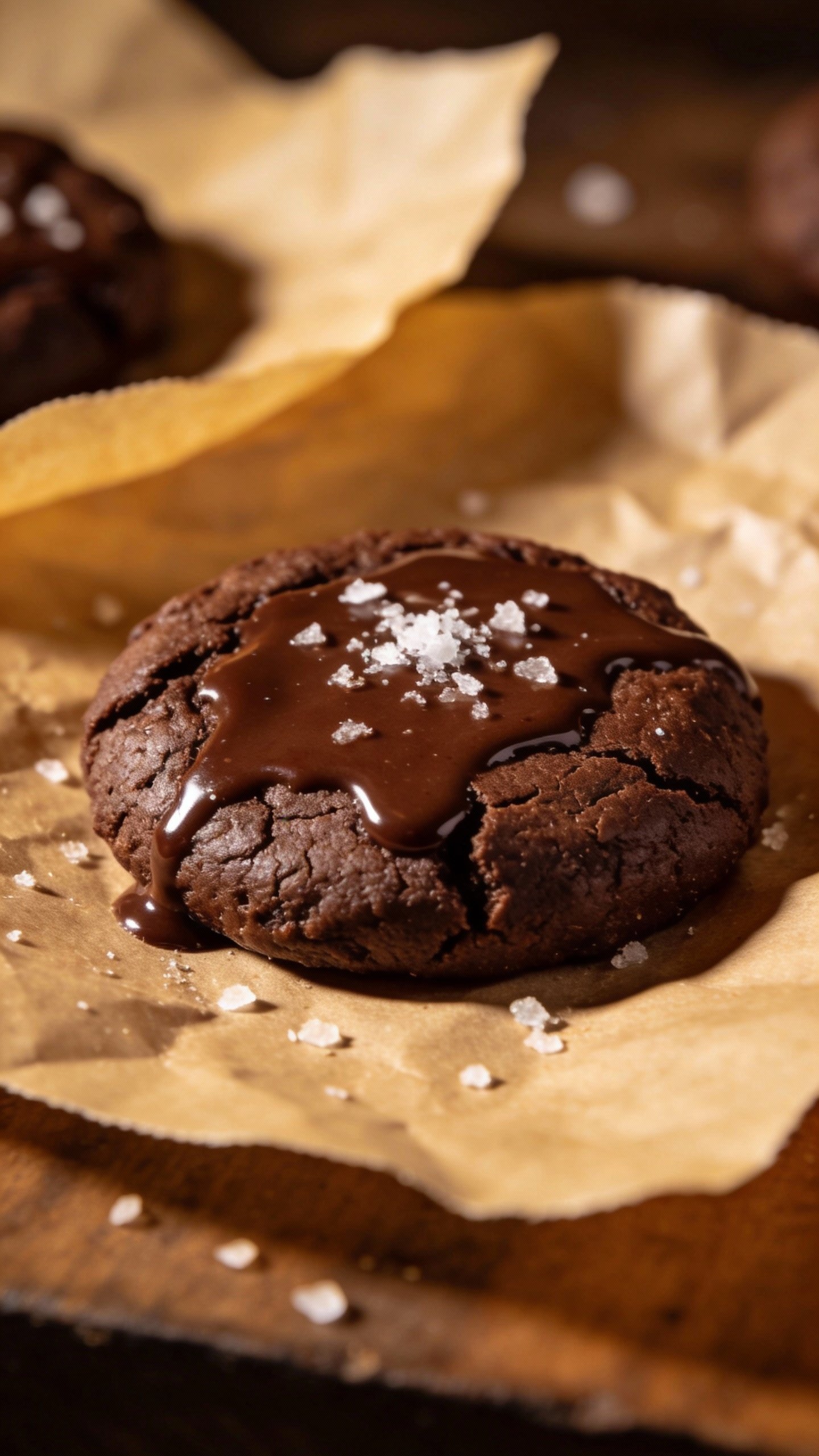 single fudgy keto chocolate cookie on parchment, sea salt flakes