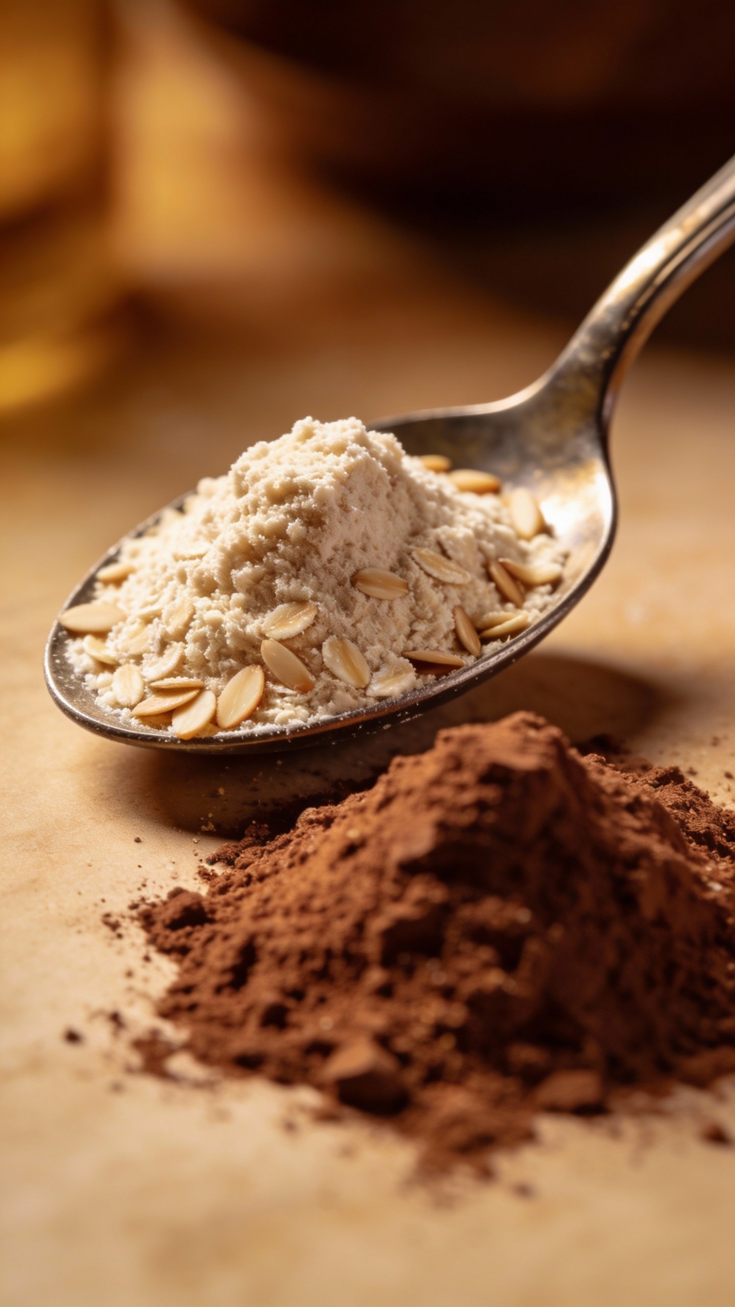 mound of almond flour in spoon beside cocoa powder closeup