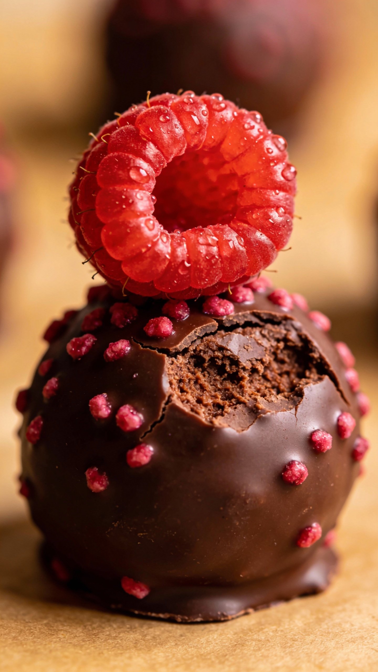 closeup of a single keto raspberry chocolate fat bomb