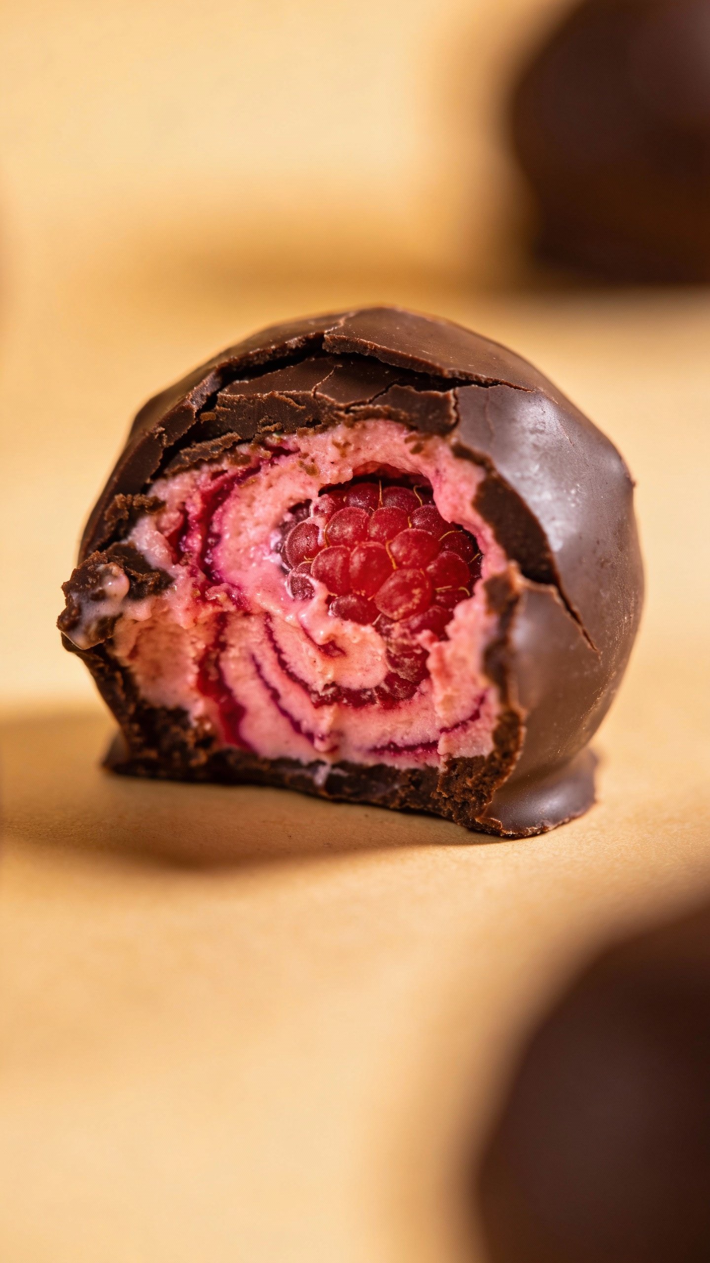 single bitten keto chocolate fat bomb showing raspberry swirl