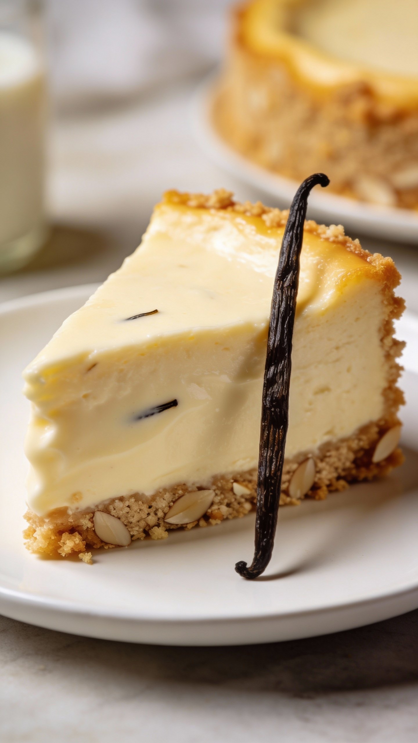 closeup slice of keto vanilla custard cheesecake on white plate