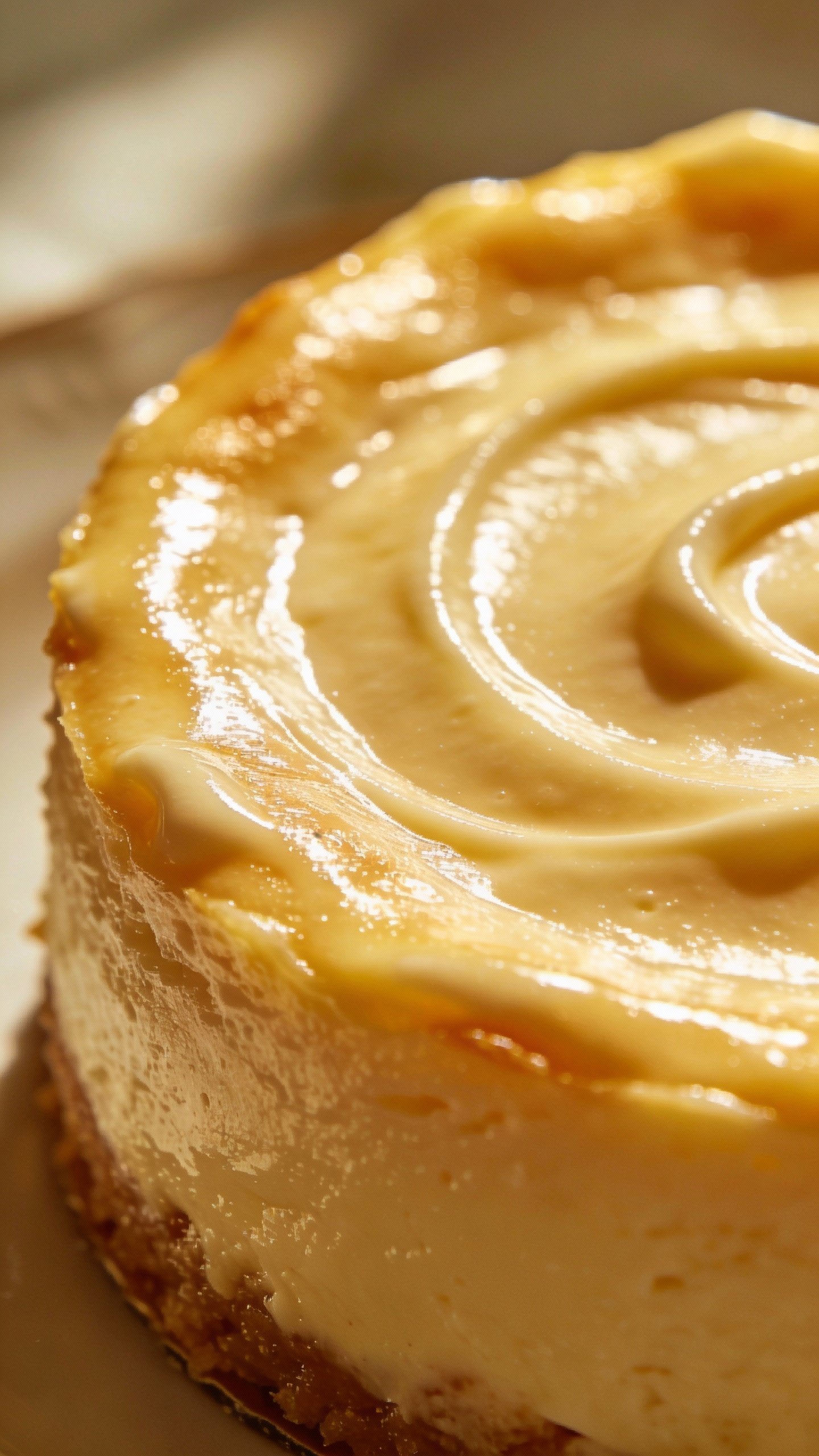 glossy vanilla custard cheesecake top, subtle swirl, studio lighting
