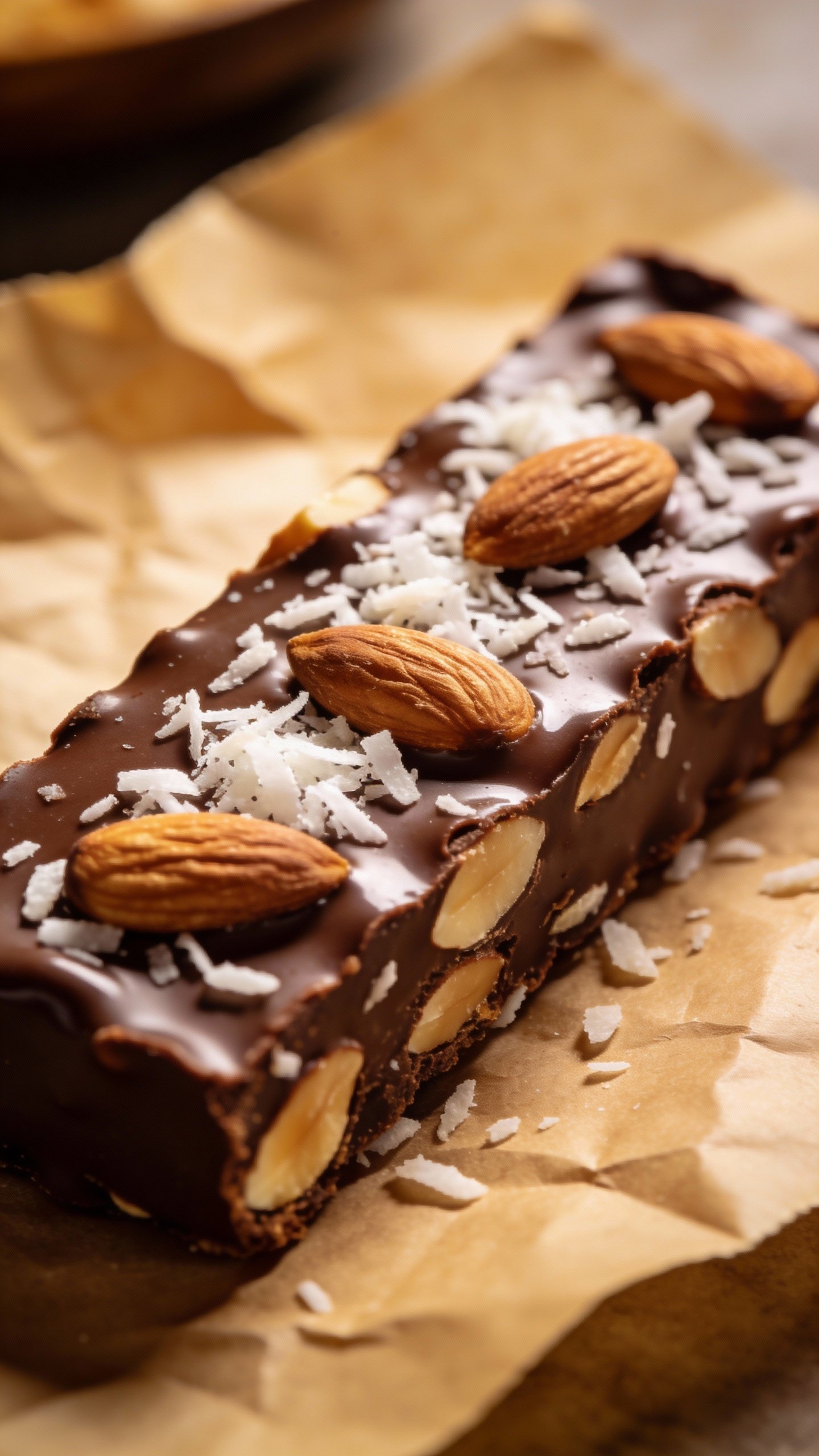 closeup keto chocolate coconut almond bar on parchment