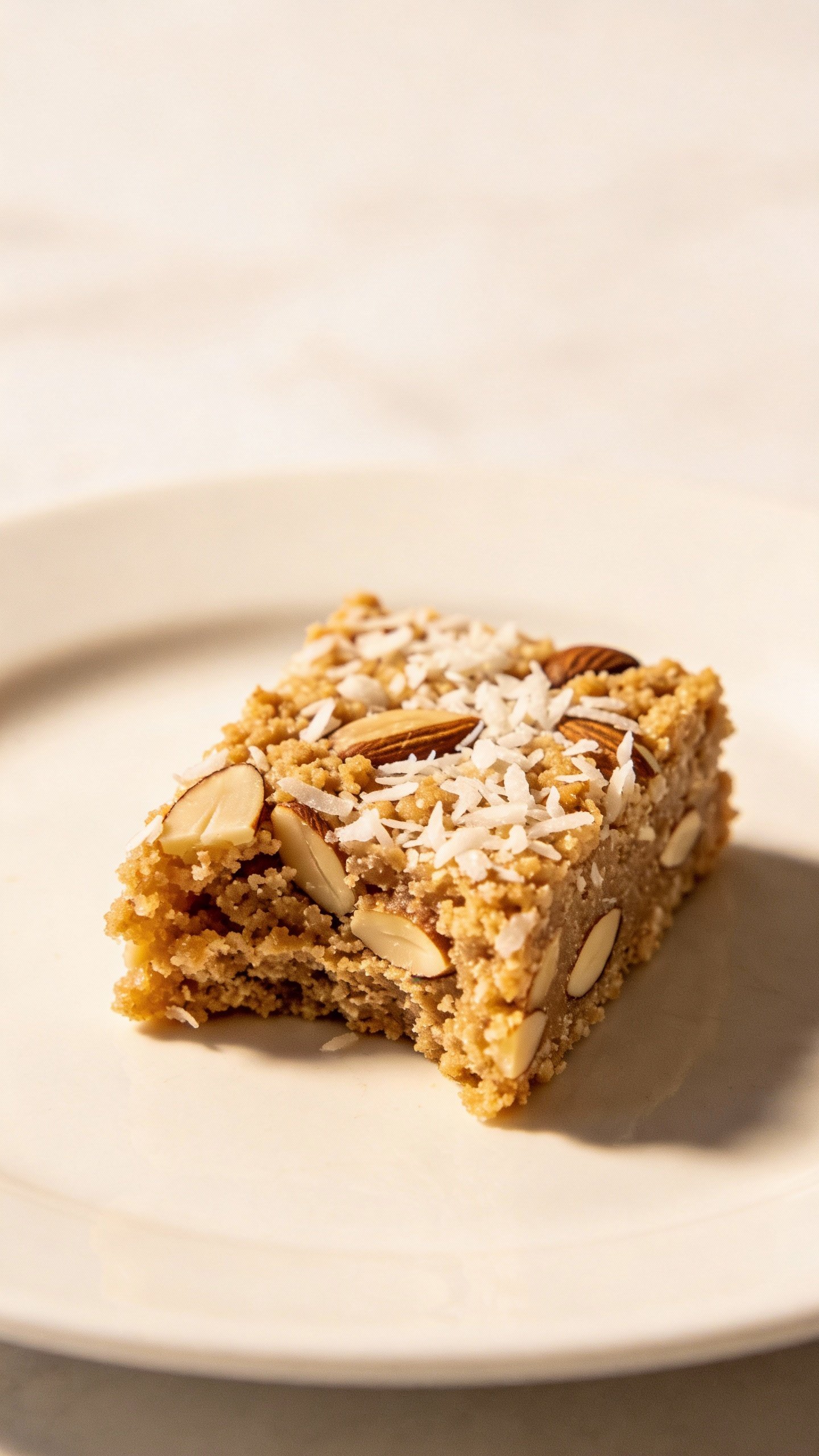 single sliced keto coconut almond bar on white plate