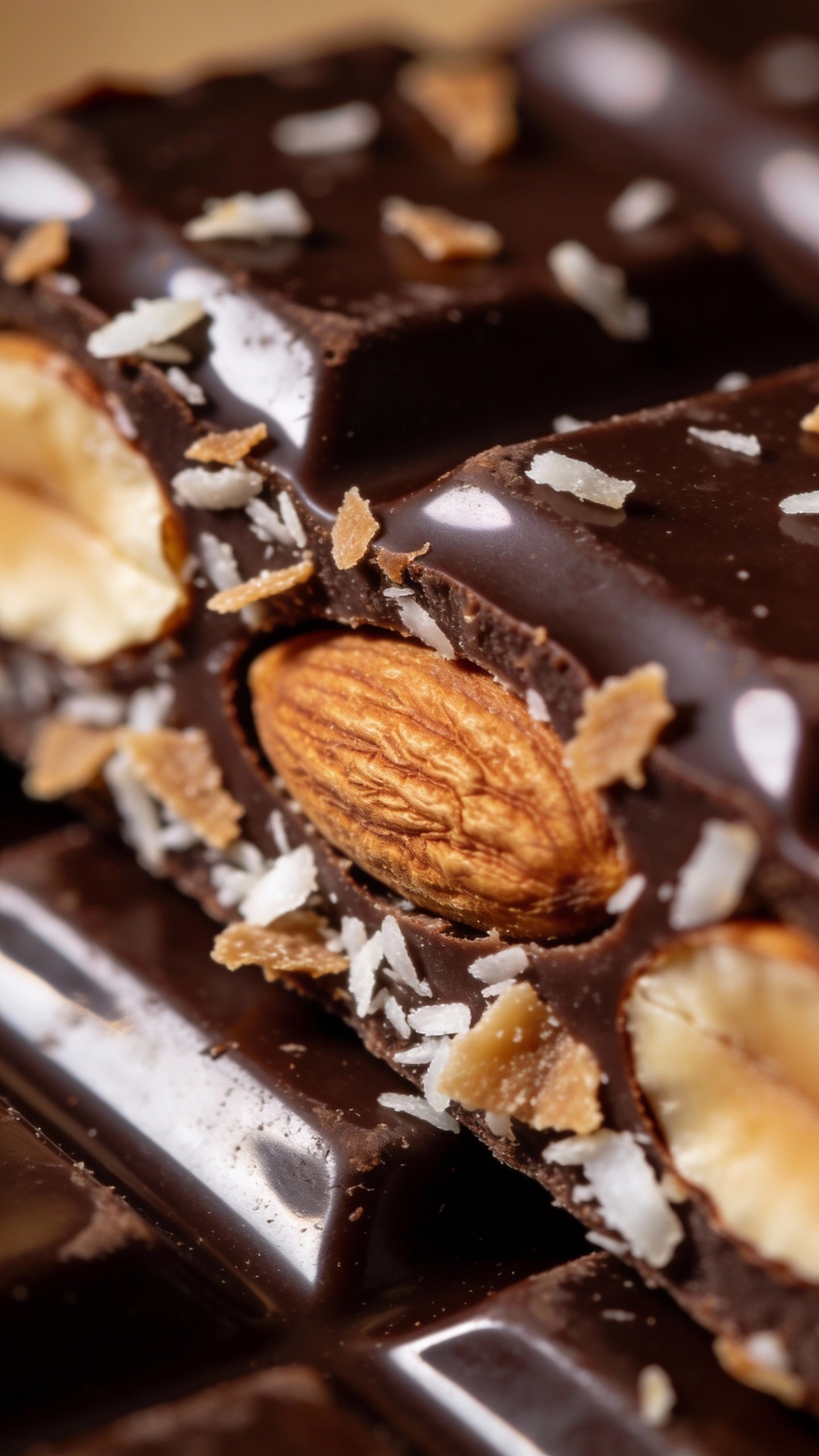 macro of glossy dark chocolate-coated coconut almond bar