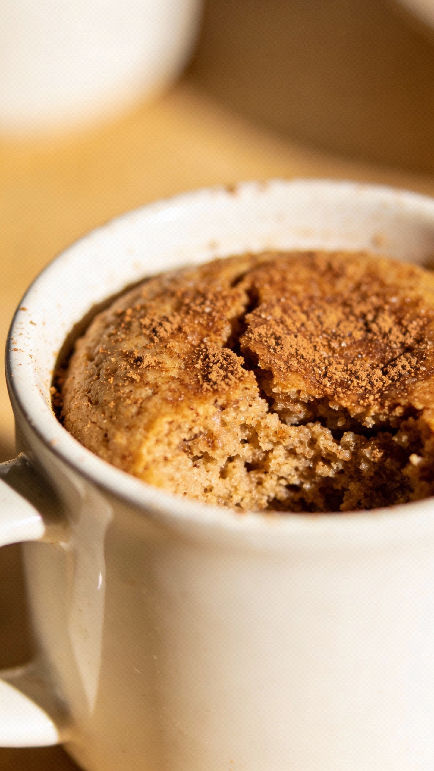 closeup keto cinnamon sugar mug cake in white ceramic mug