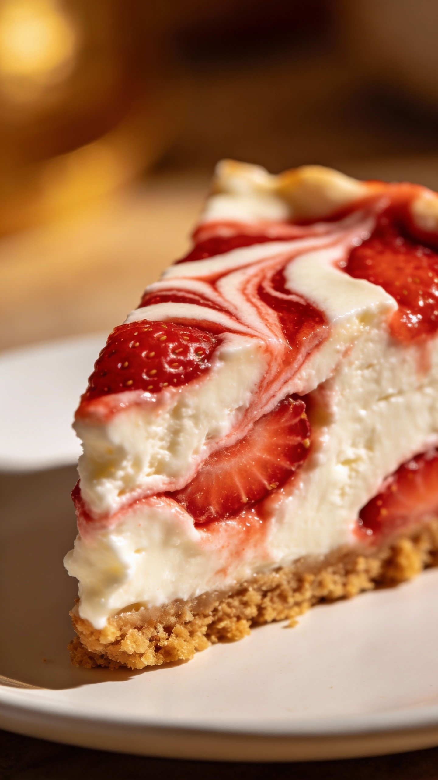 closeup slice of keto strawberry swirl cheesecake on white plate