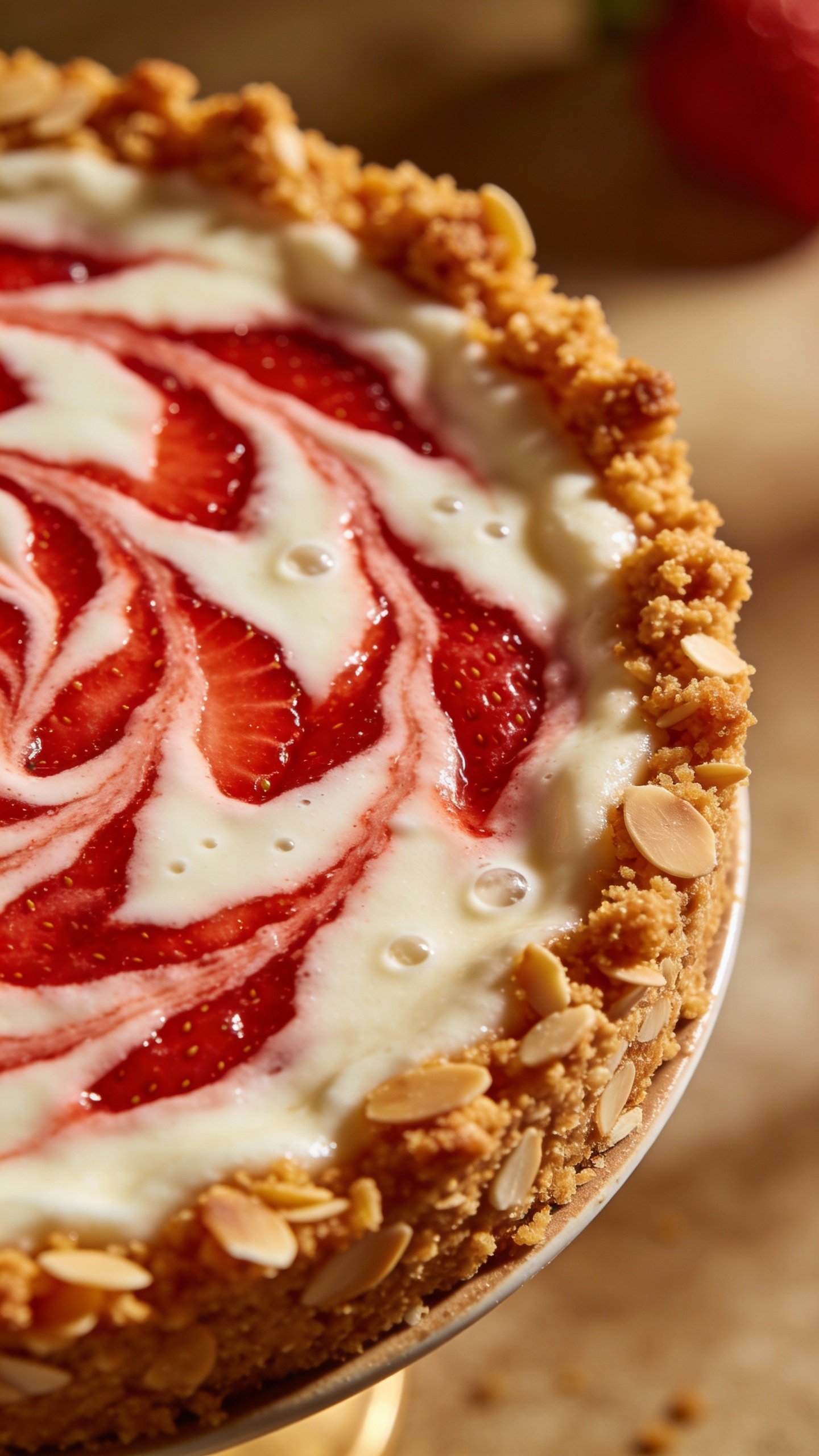 keto strawberry swirl cheesecake with almond crust, macro shot