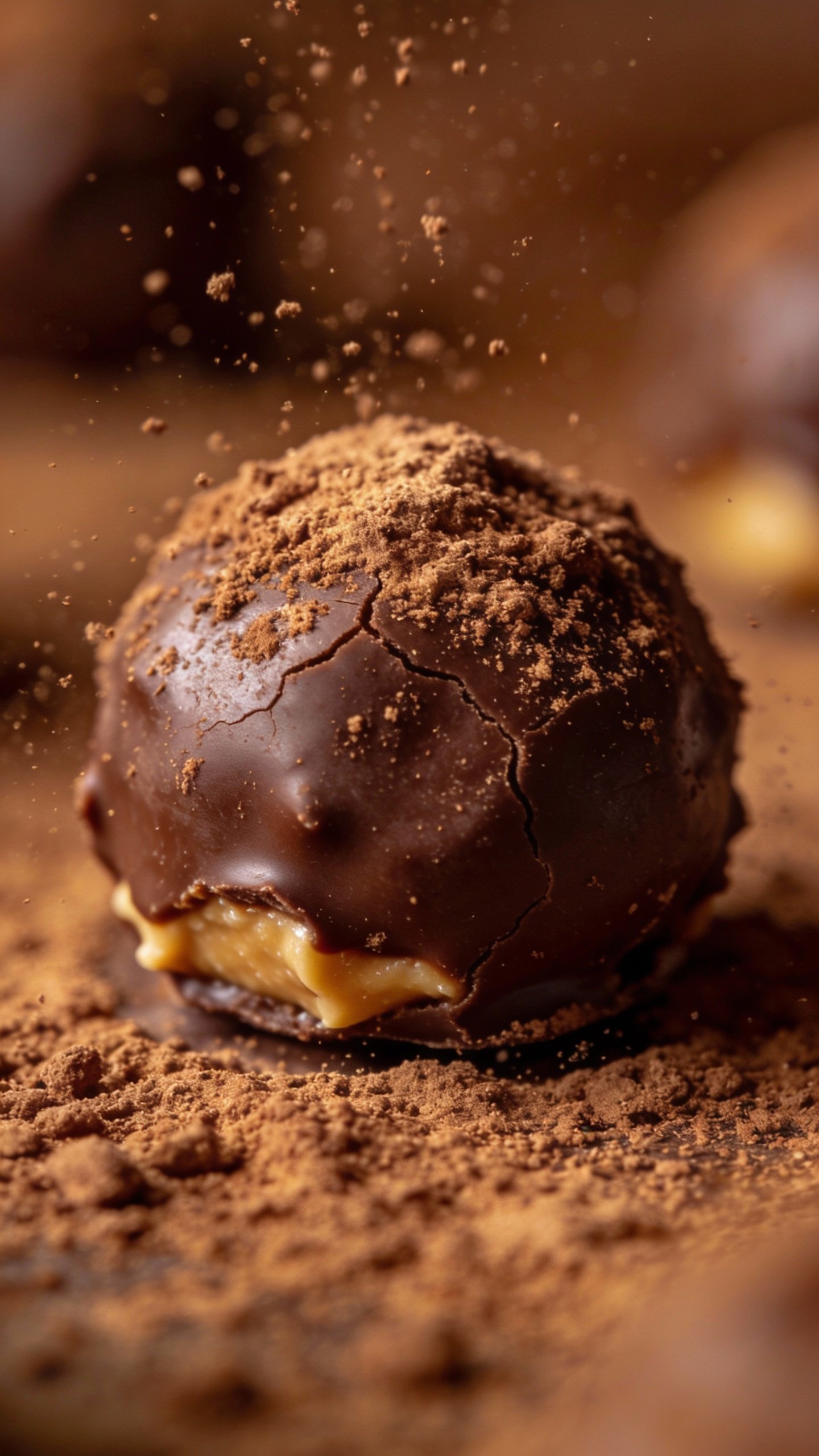 closeup keto chocolate peanut butter truffle dusted in cocoa