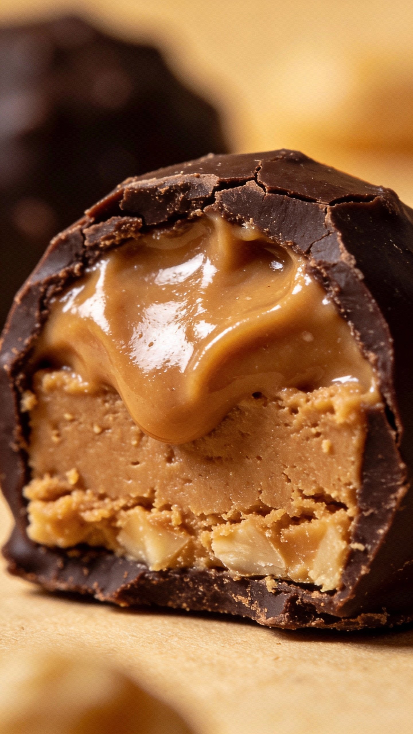 peanut butter chocolate truffle cut open, fudgy center visible