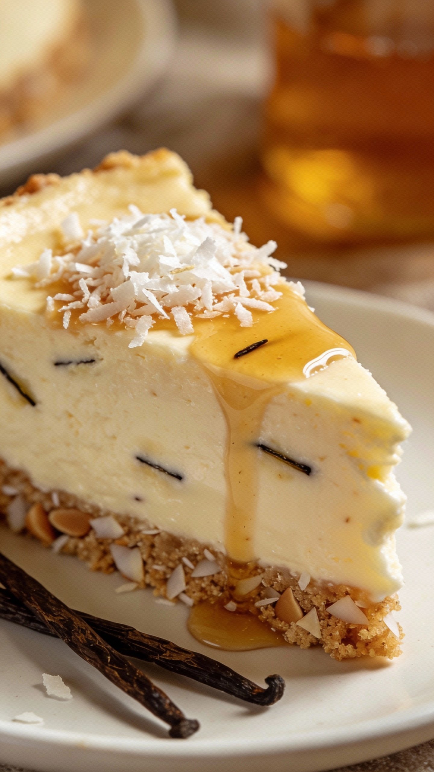 closeup keto coconut vanilla cheesecake slice on white plate