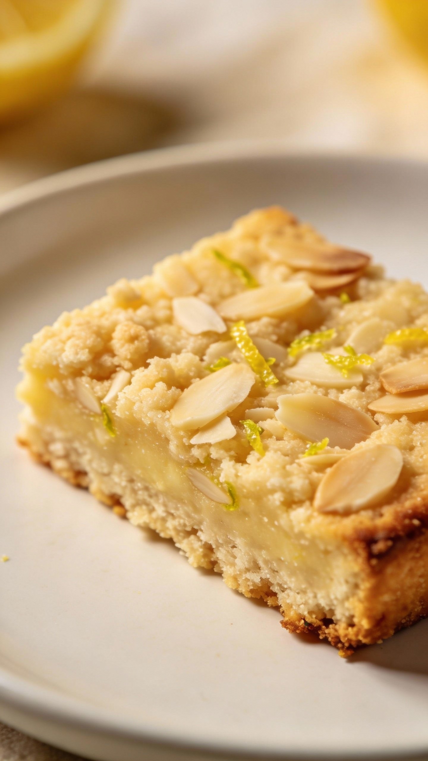 closeup keto lemon almond shortbread bar on white plate