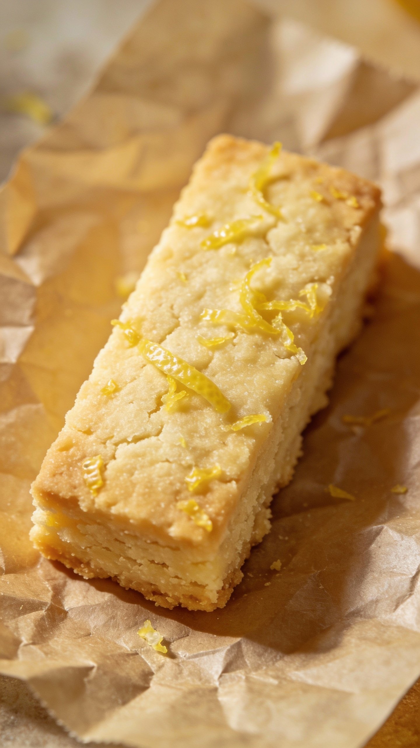 single lemon zest-dusted shortbread bar on parchment