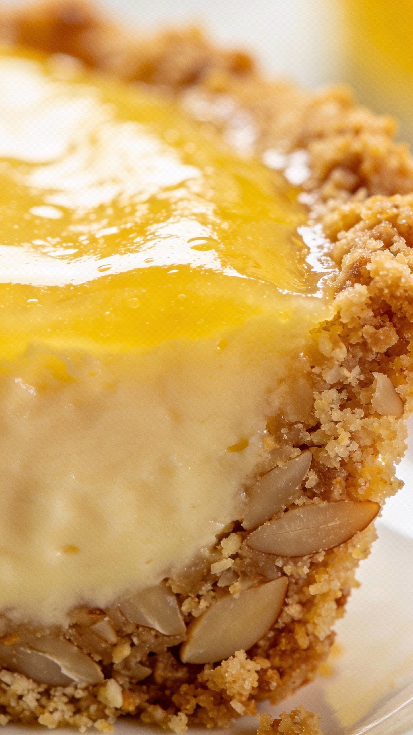 macro shot of tangy lemon custard layer over almond crust