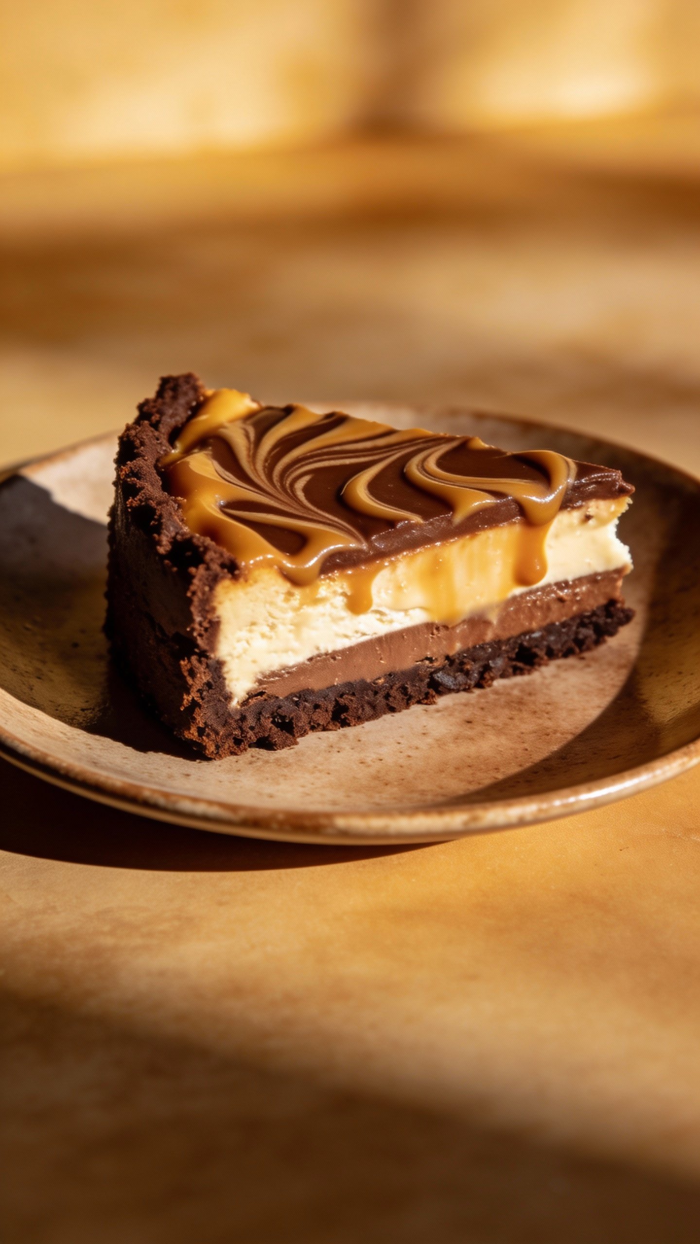 closeup slice of keto chocolate caramel cheesecake on matte plate