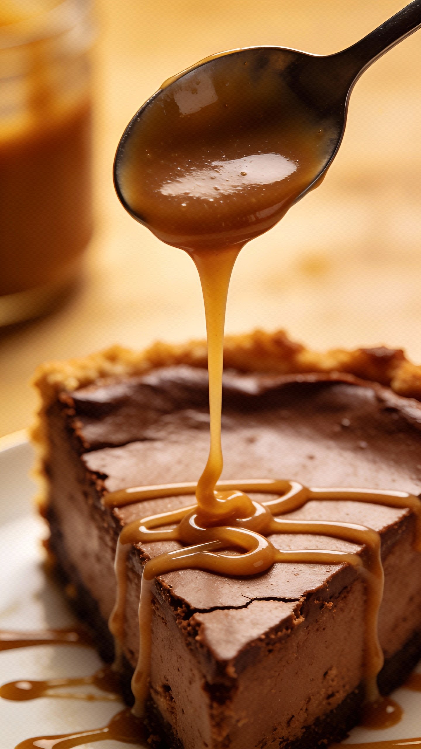 spoon drizzle of keto caramel over chocolate cheesecake slice