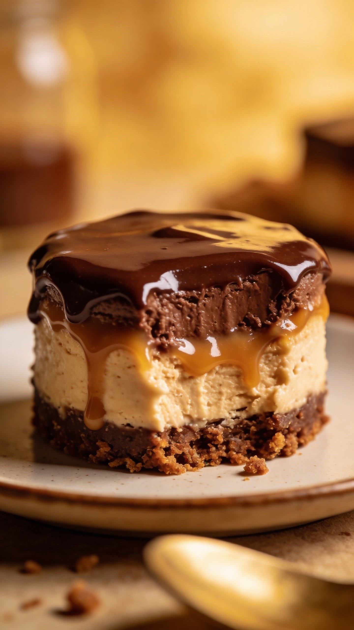 single keto chocolate caramel cheesecake with glossy ganache top