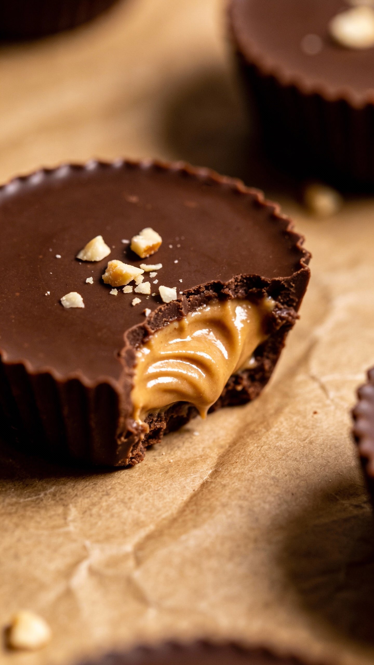 closeup keto almond butter chocolate cup on parchment