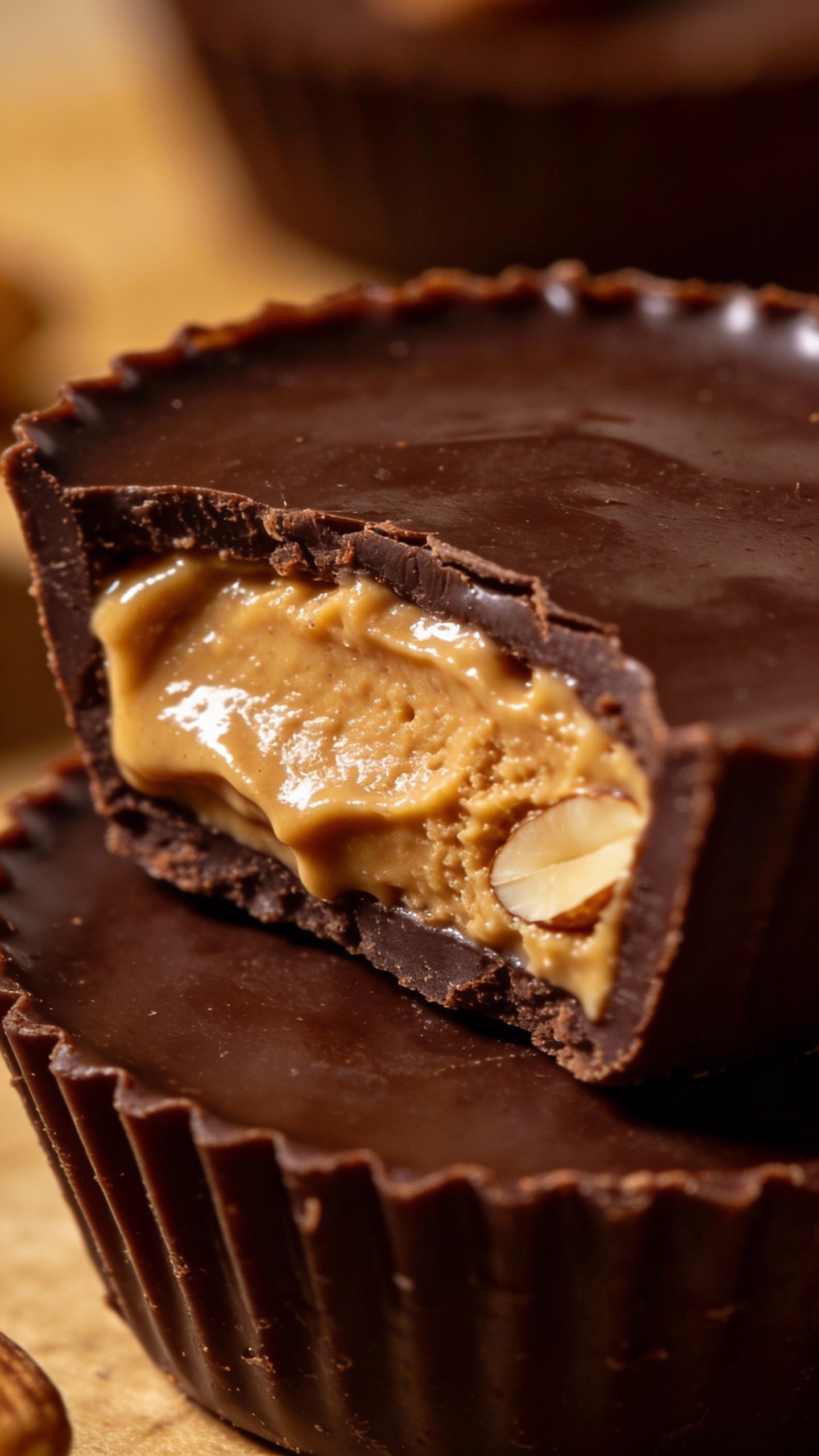 sliced keto chocolate cup revealing almond butter filling