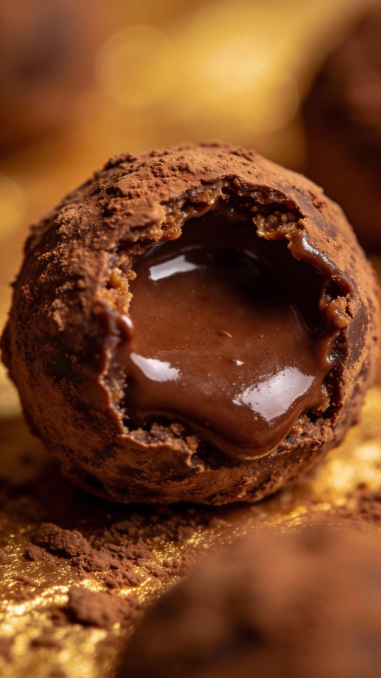 single keto truffle bitten open, glossy ganache interior