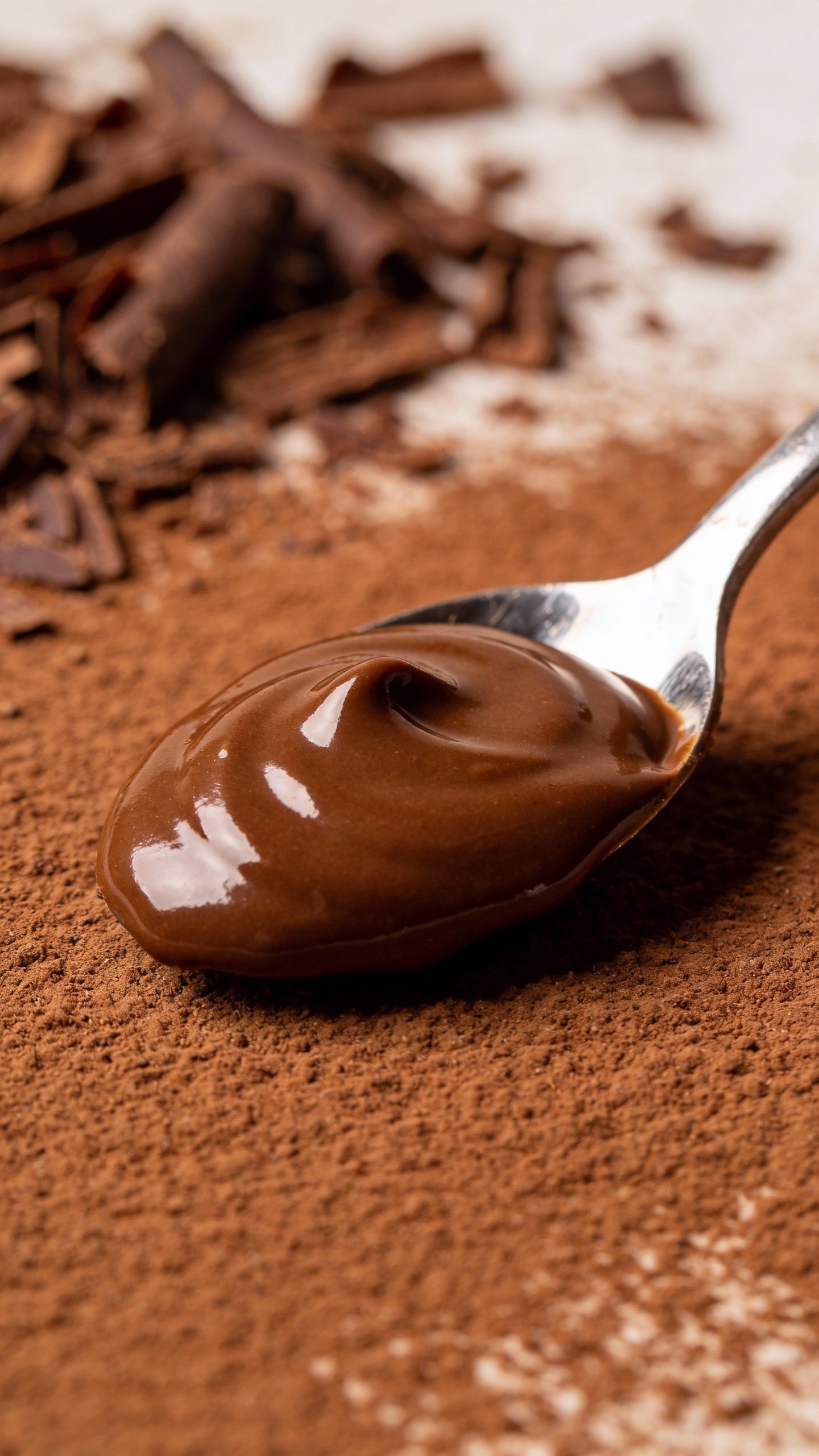 spoonful of glossy espresso ganache, chocolate shavings background