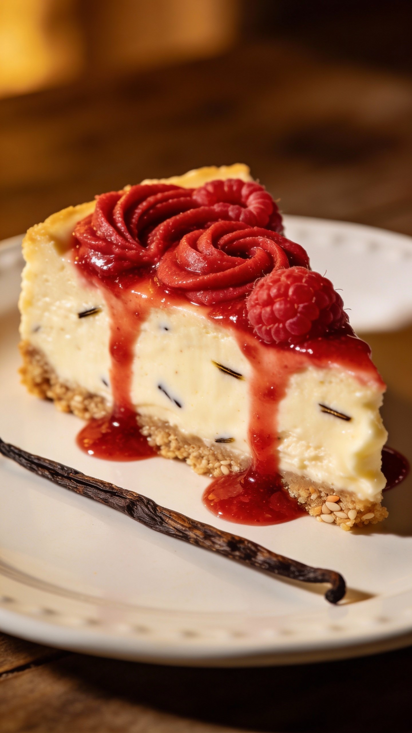 closeup slice of keto vanilla raspberry cheesecake on white plate