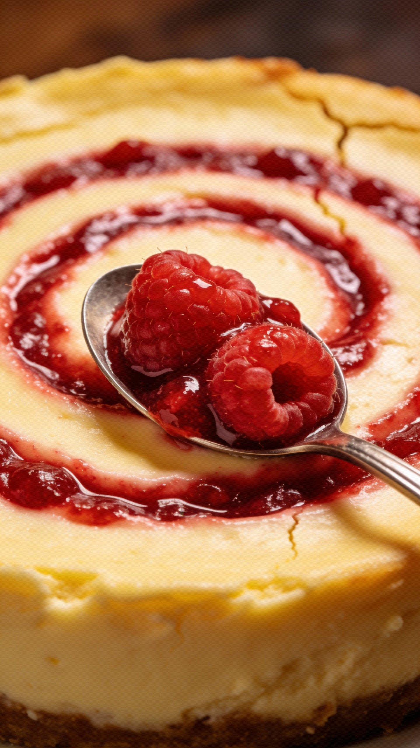 spoonful of raspberry swirl atop creamy cheesecake surface