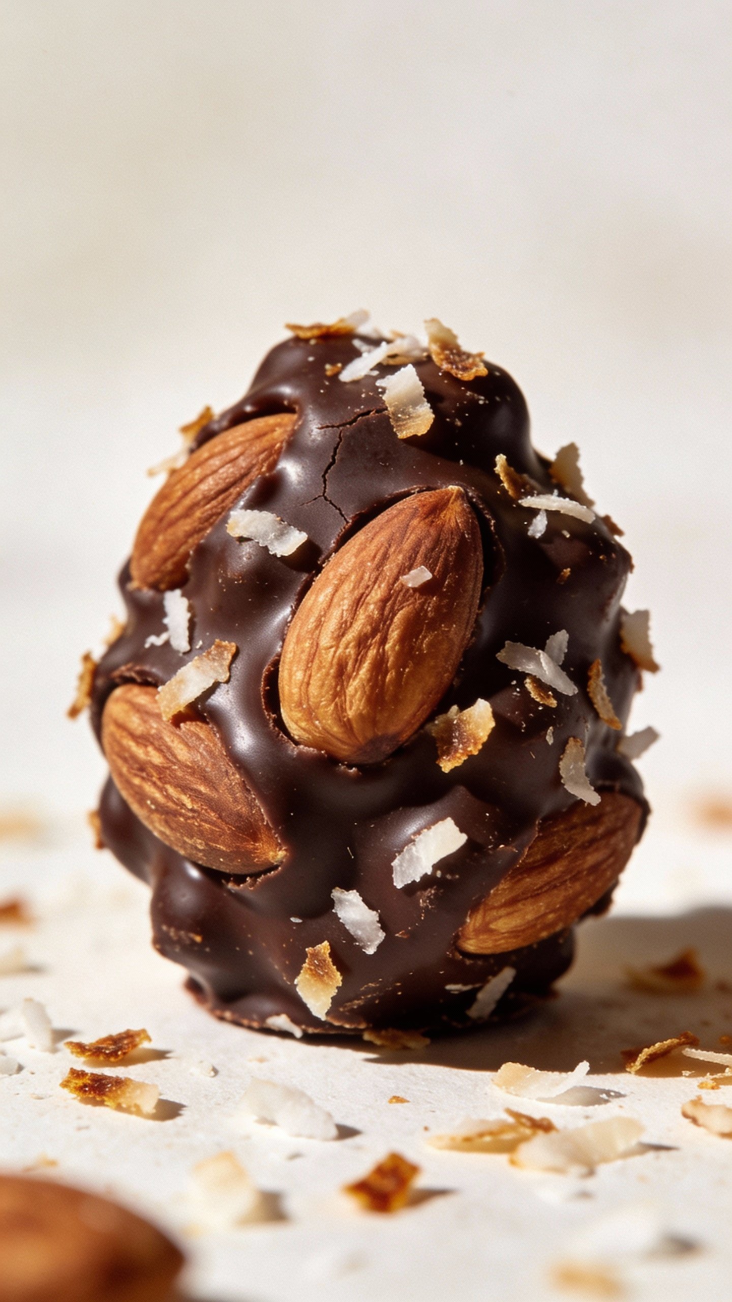 Single dark chocolate almond cluster with toasted coconut flakes